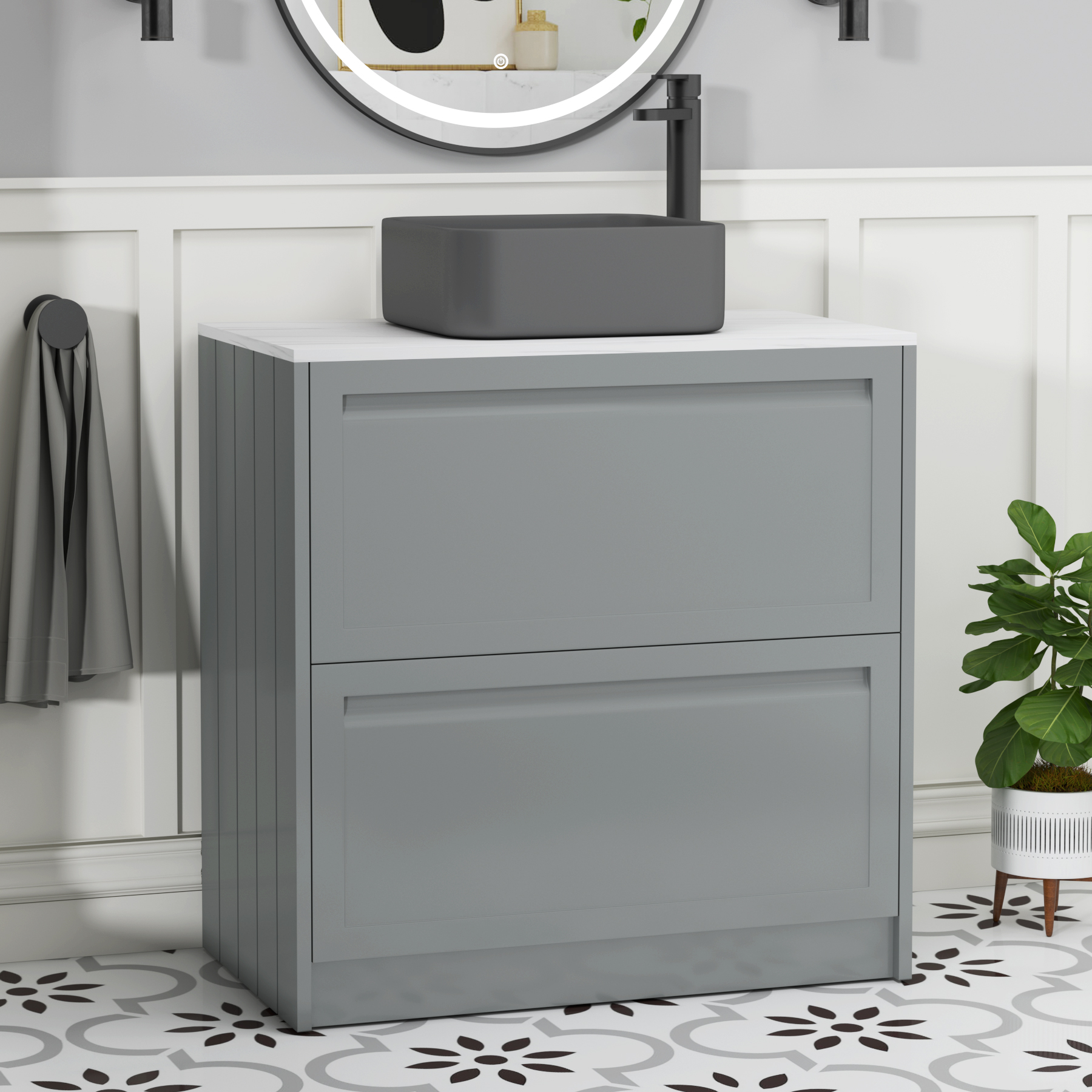 Elmore Matt Pebble Grey 2 Drawer Floor Standing Vanity Unit with Carrara White Worktop & Various Countertop Basins