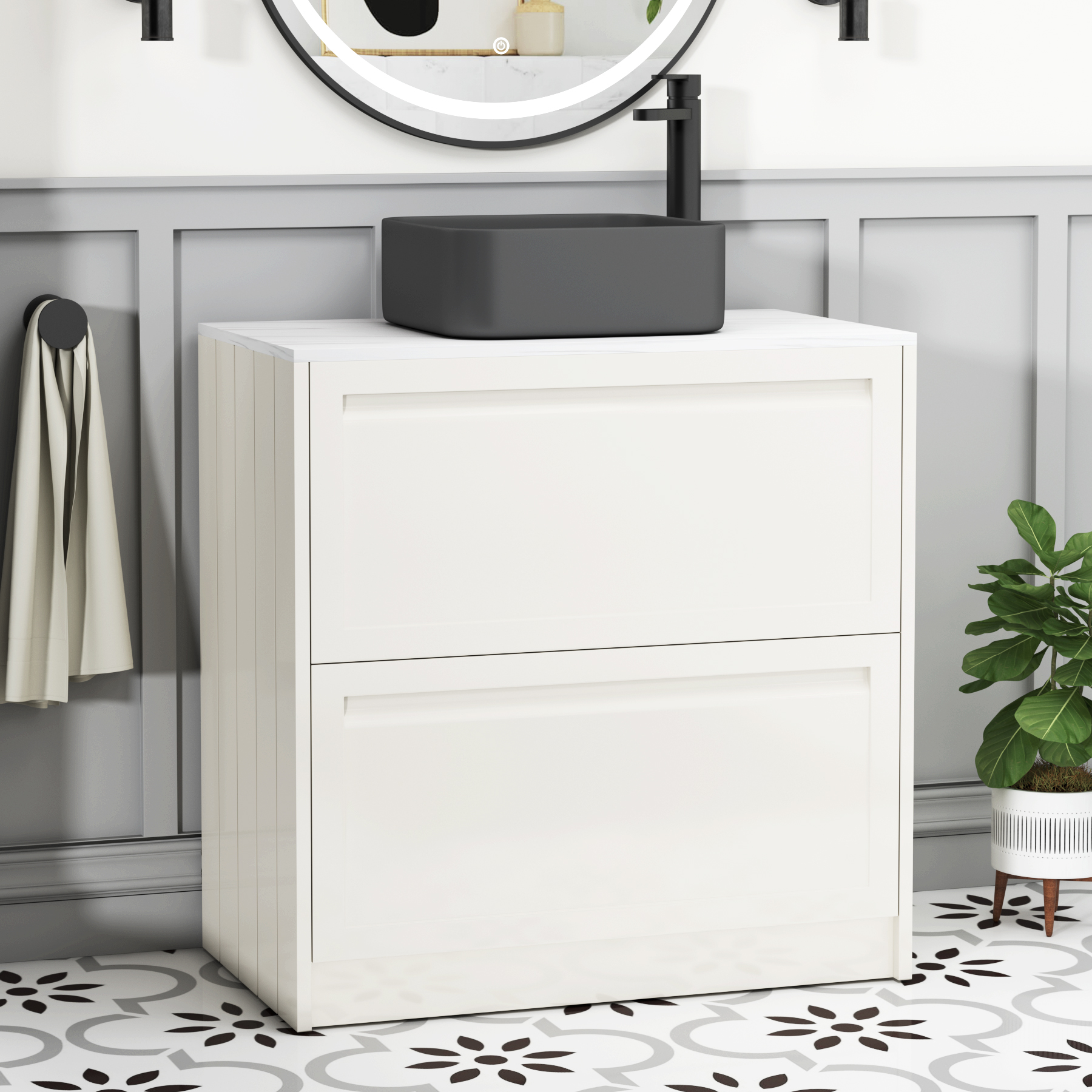 Elmore Classic White 2 Drawer Floor Standing Vanity Unit with Carrara White Worktop & Various Countertop Basins