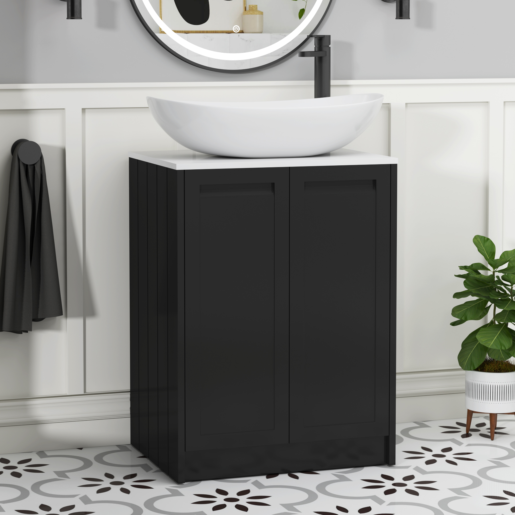 Elmore Matt Nocturne Black 2 Door Floor Standing Vanity Unit with Plain White Worktop & Various Countertop Basins
