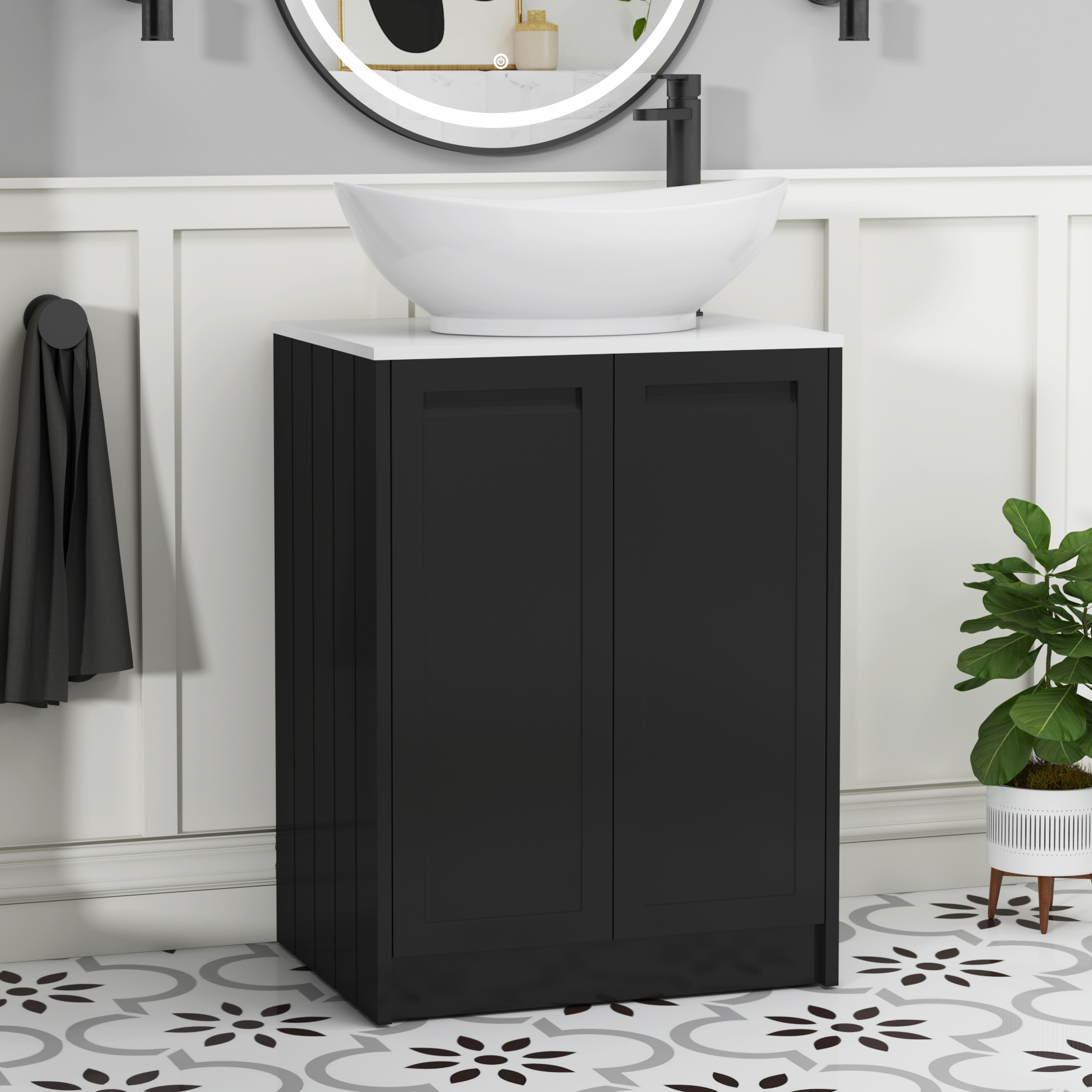Elmore Matt Nocturne Black 2 Door Floor Standing Vanity Unit with Plain White Worktop & Various Countertop Basins
