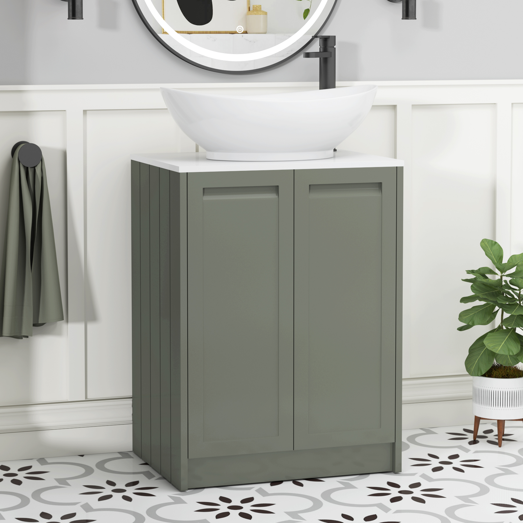 Elmore Matt Green 2 Door Floor Standing Vanity Unit with Plain White Worktop & Various Countertop Basins