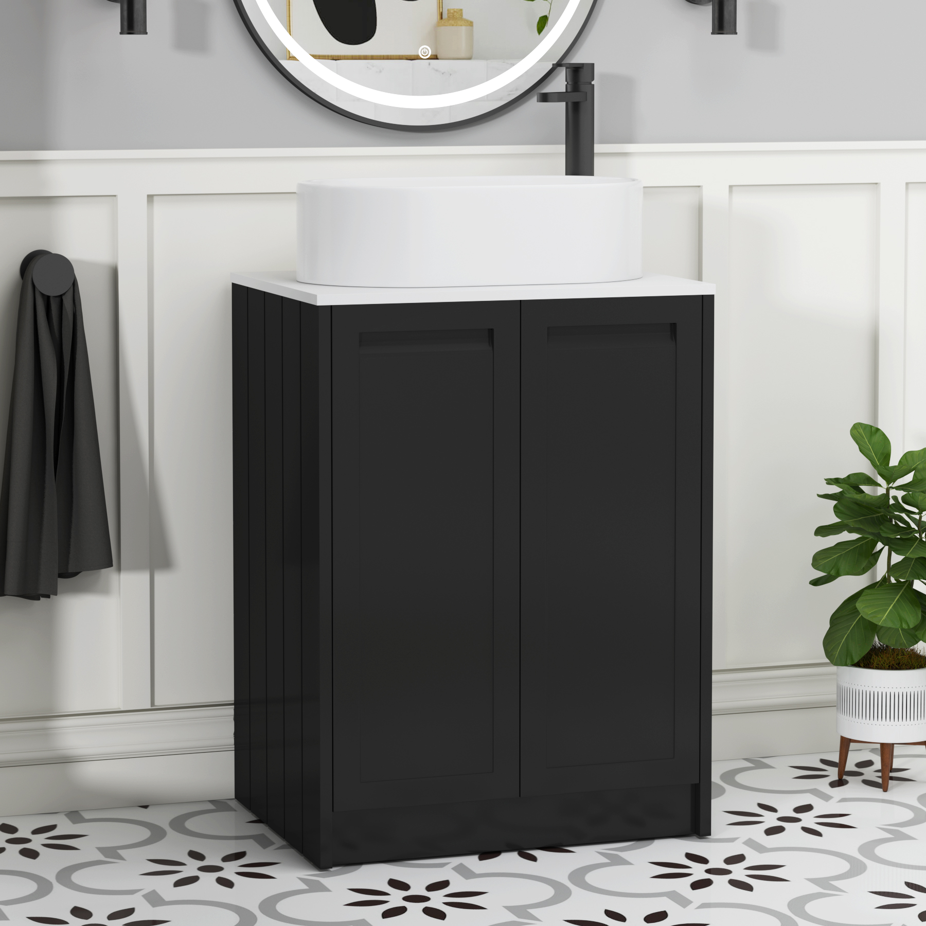 Elmore Matt Nocturne Black 2 Door Floor Standing Vanity Unit with Plain White Worktop & Various Countertop Basins