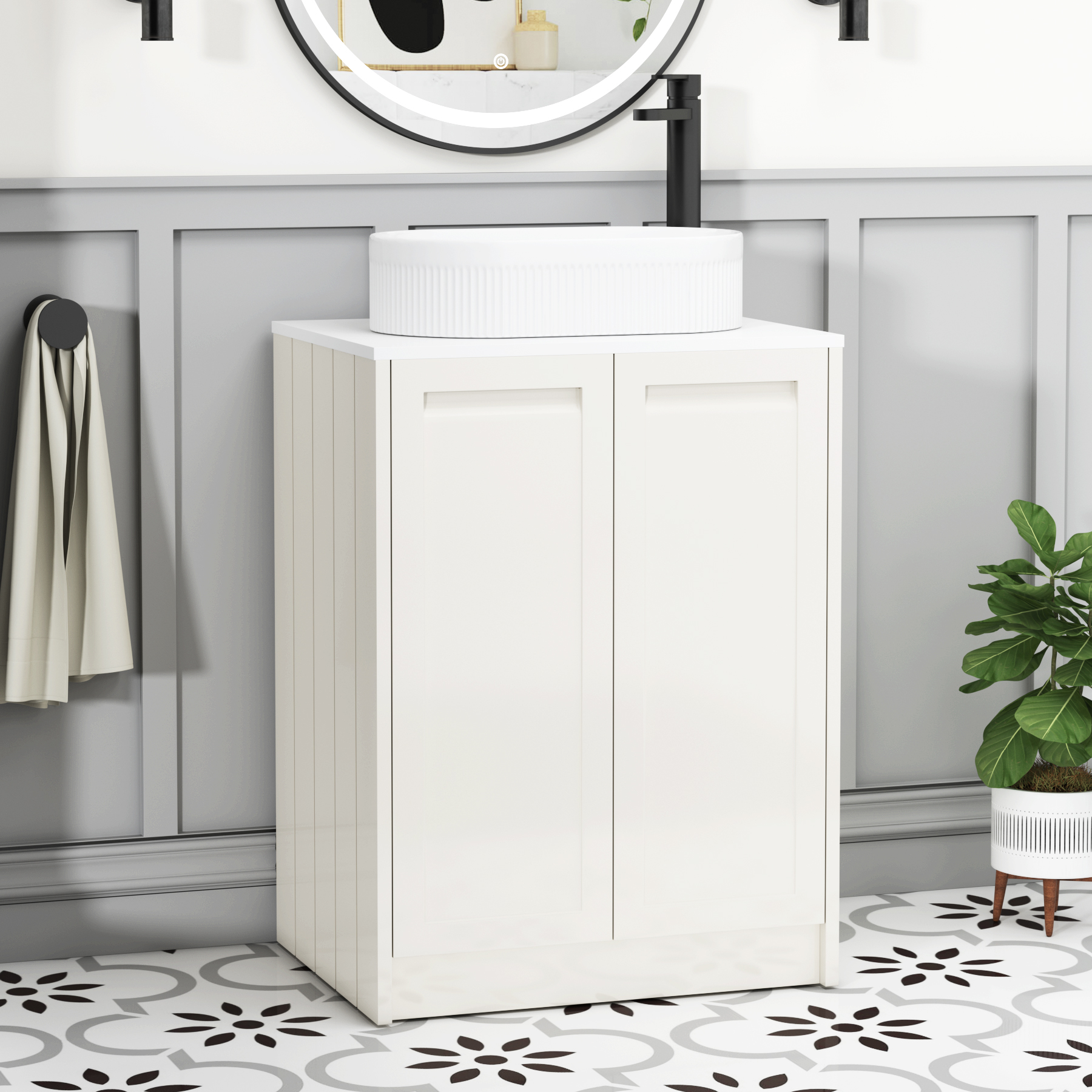 Elmore Classic White 2 Door Floor Standing Vanity Unit with Plain White Worktop & Various Countertop Basins