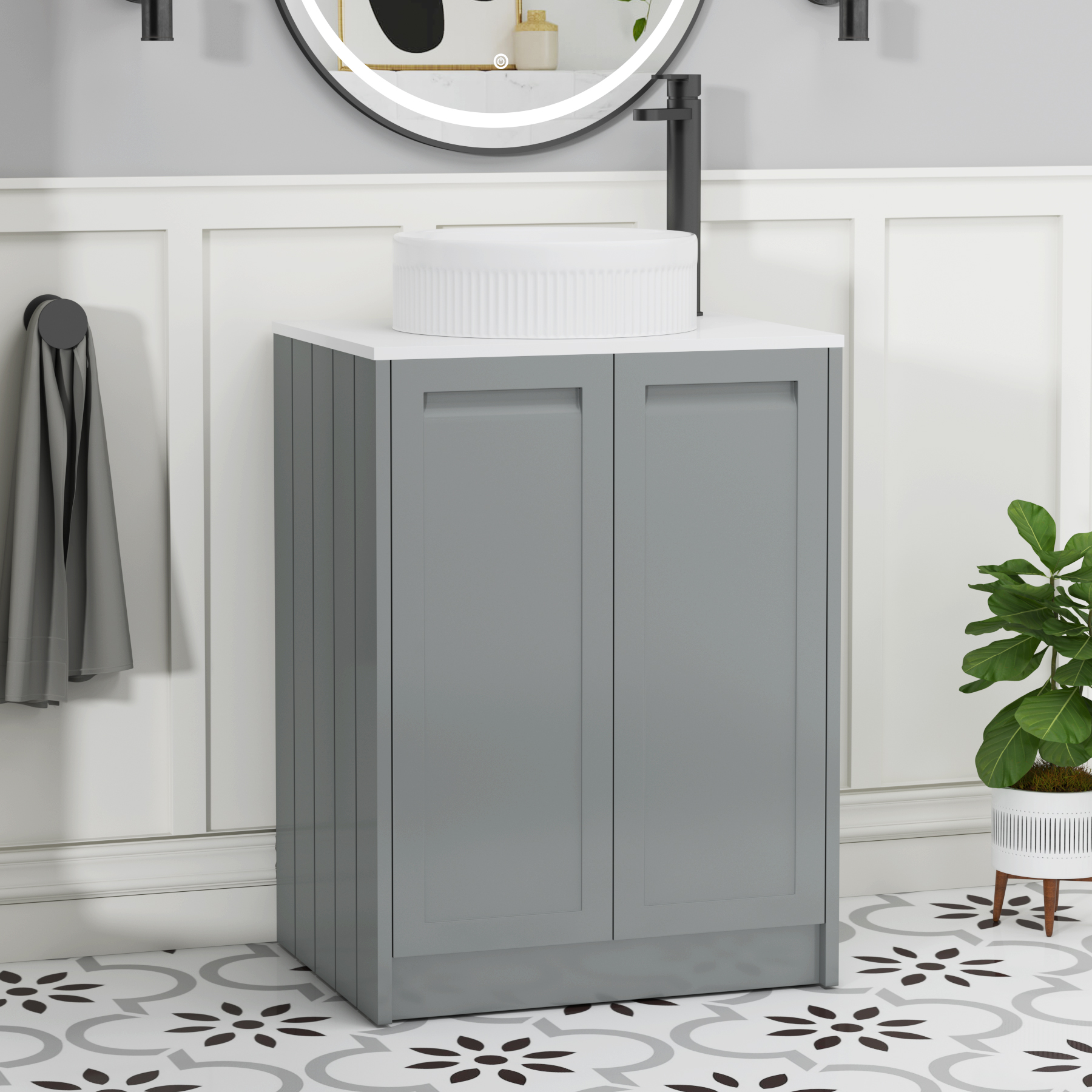Elmore Matt Pebble Grey 2 Door Floor Standing Vanity Unit with Plain White Worktop & Various Countertop Basins