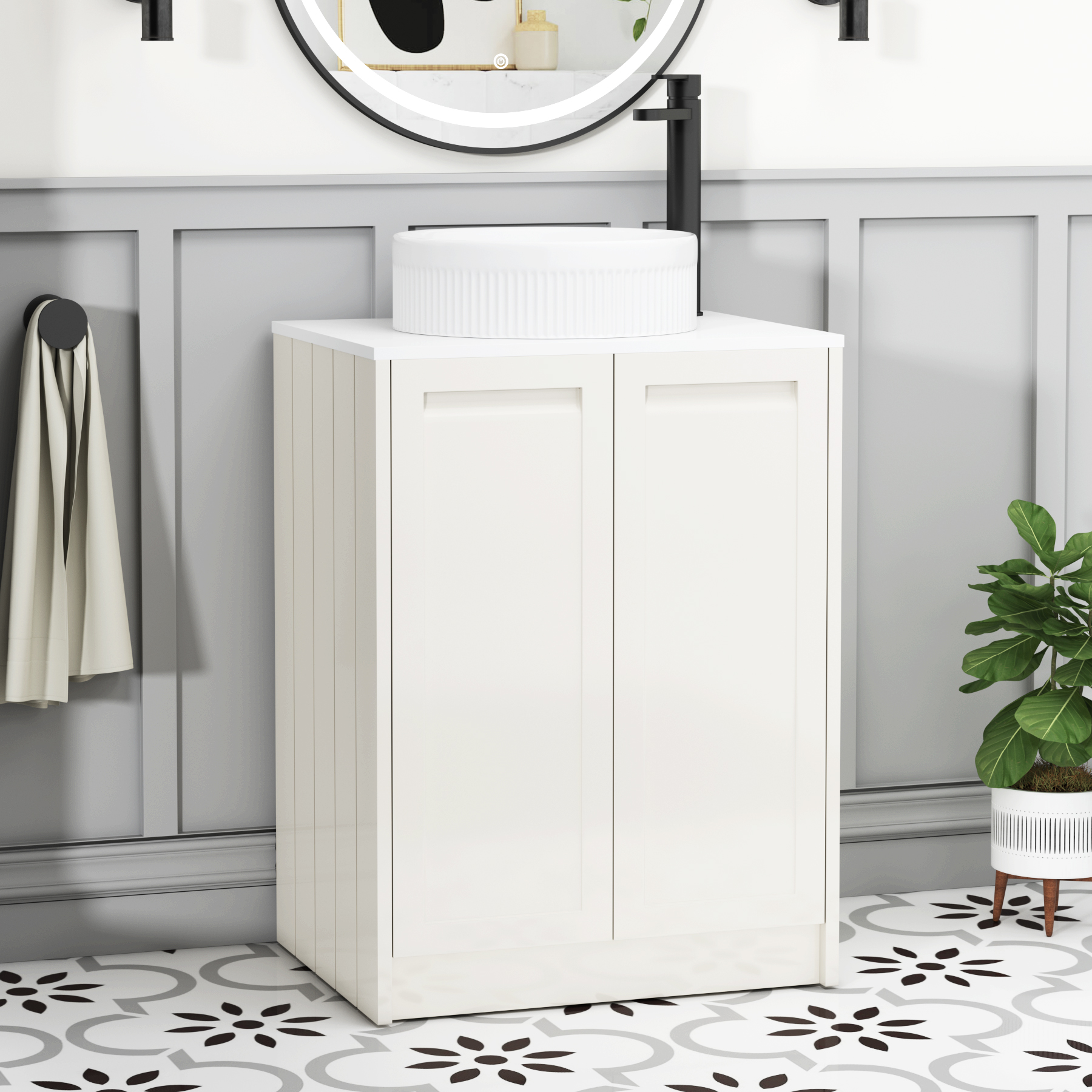Elmore Classic White 2 Door Floor Standing Vanity Unit with Plain White Worktop & Various Countertop Basins