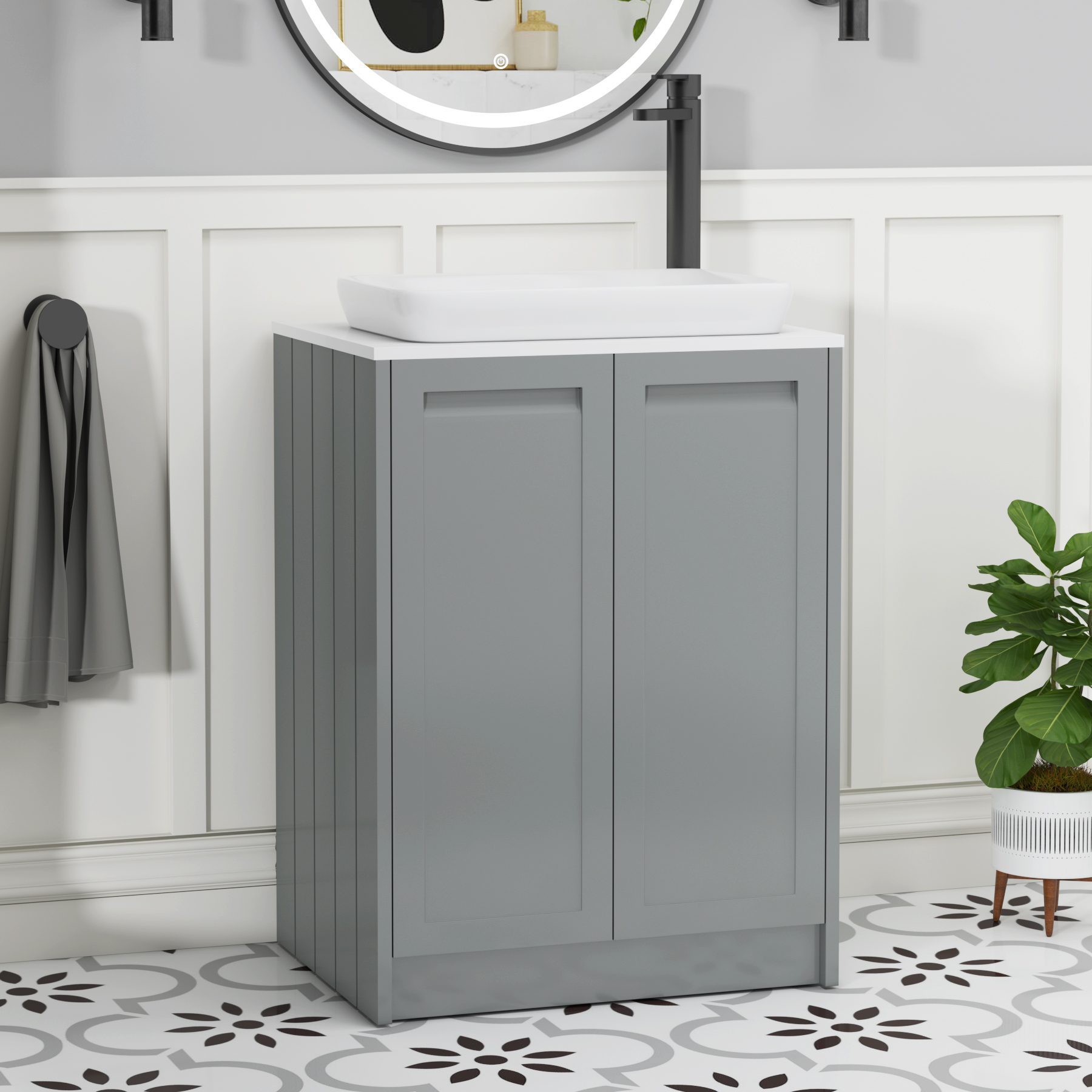 Elmore Matt Pebble Grey 2 Door Floor Standing Vanity Unit with Plain White Worktop & Various Countertop Basins