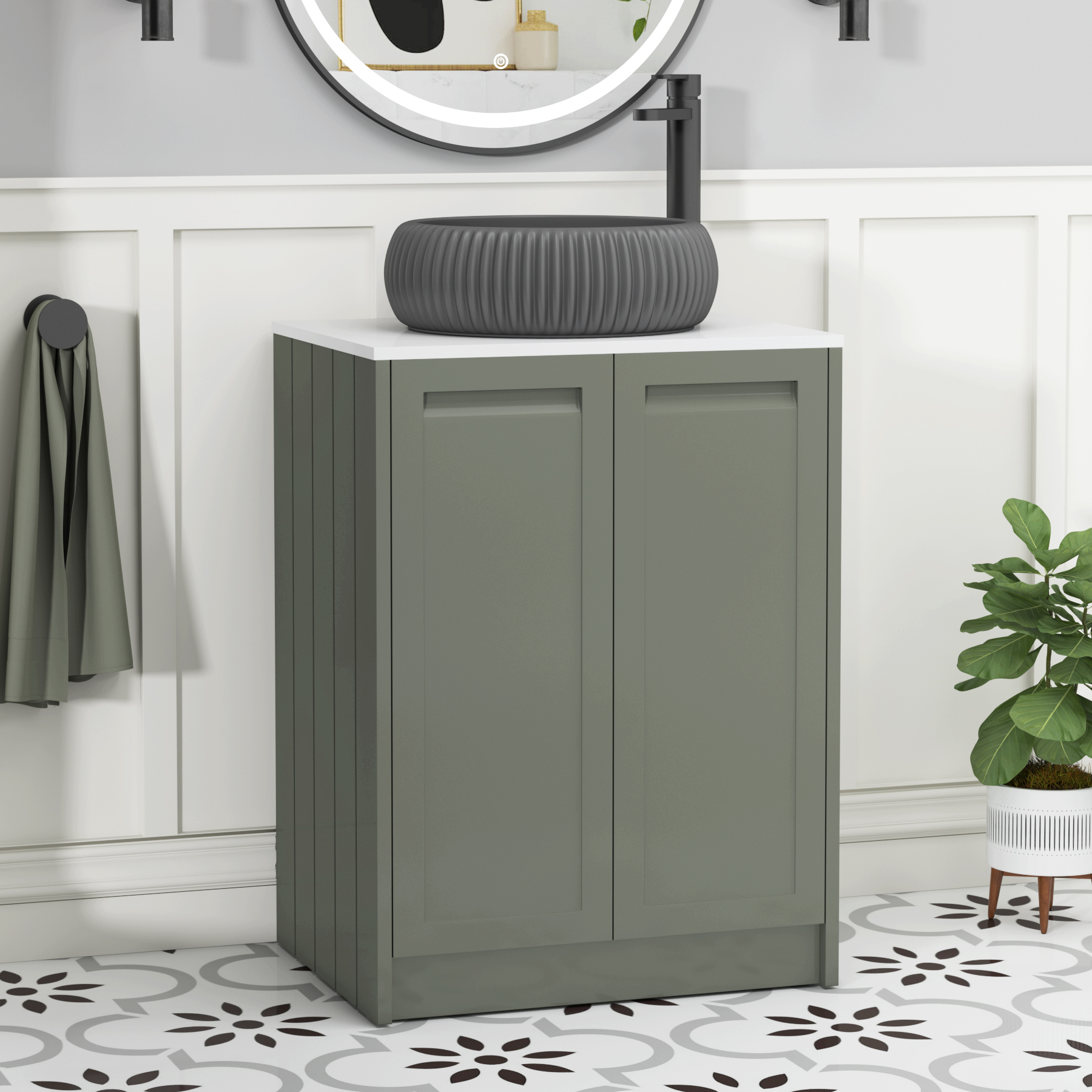Elmore Matt Green 2 Door Floor Standing Vanity Unit with Plain White Worktop & Various Countertop Basins