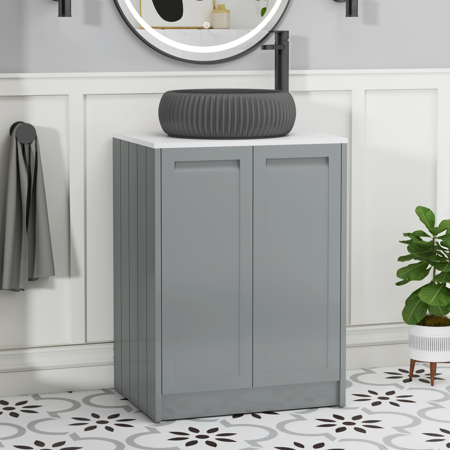 Elmore Matt Pebble Grey 2 Door Floor Standing Vanity Unit with Plain White Worktop & Various Countertop Basins