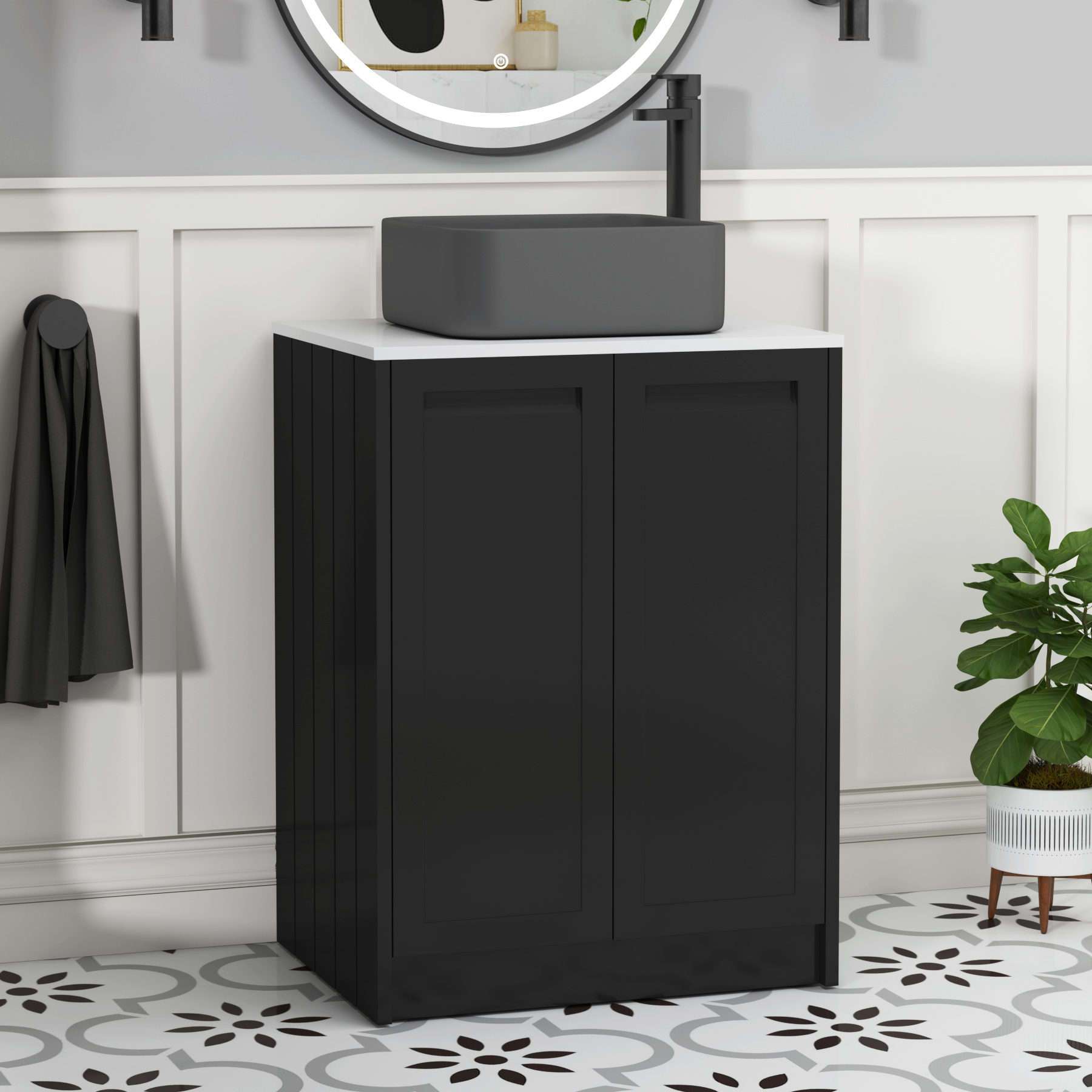 Elmore Matt Nocturne Black 2 Door Floor Standing Vanity Unit with Plain White Worktop & Various Countertop Basins