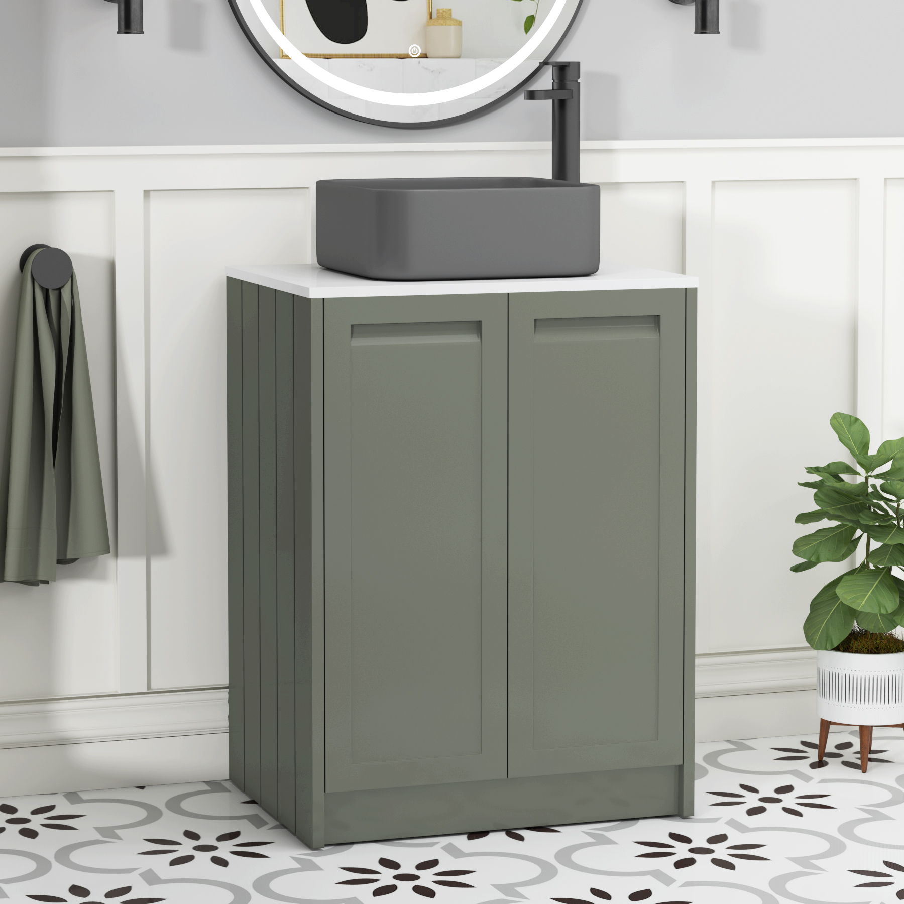 Elmore Matt Green 2 Door Floor Standing Vanity Unit with Plain White Worktop & Various Countertop Basins