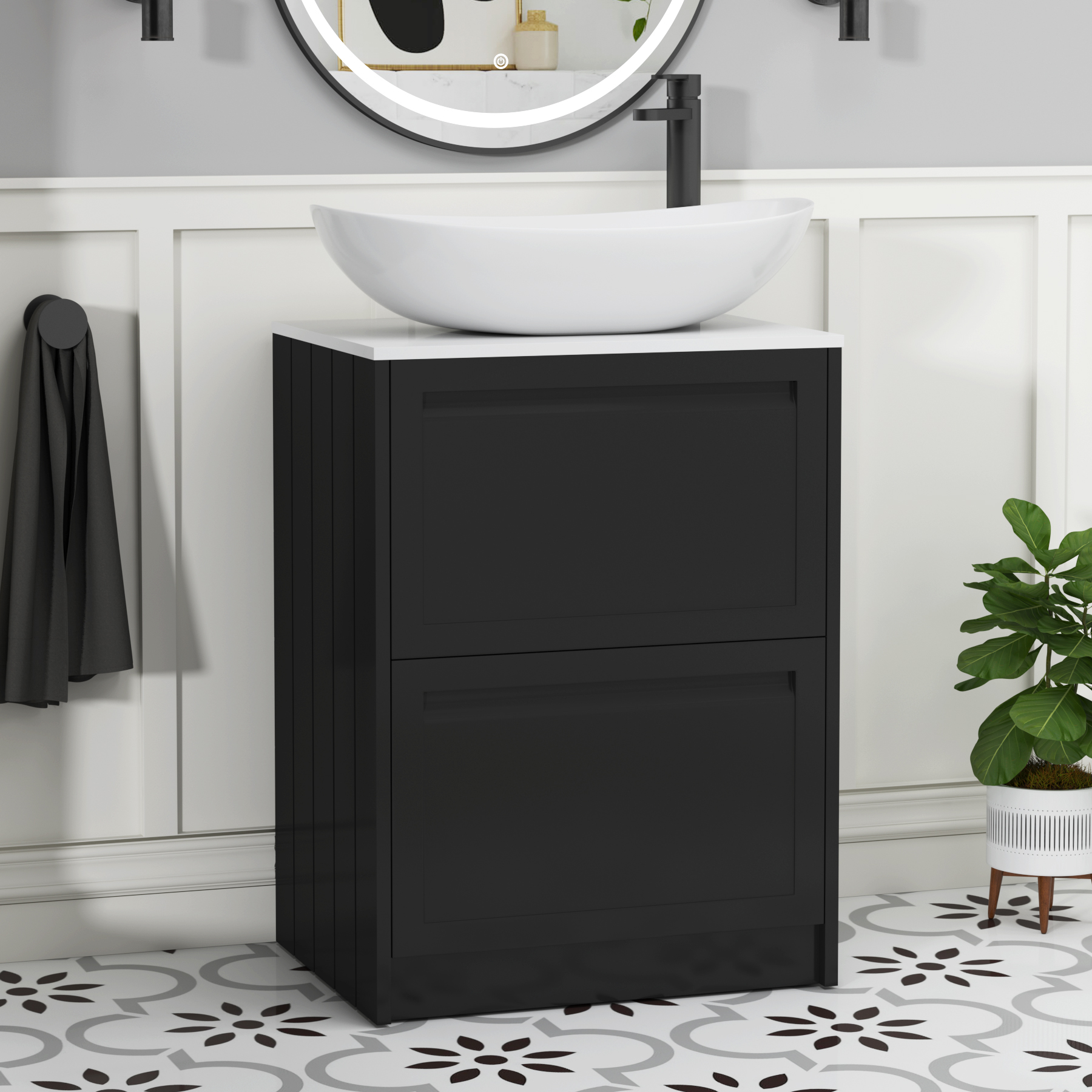 Elmore Matt Nocturne Black 2 Drawer Floor Standing Vanity Unit with Plain White Worktop & Various Countertop Basins