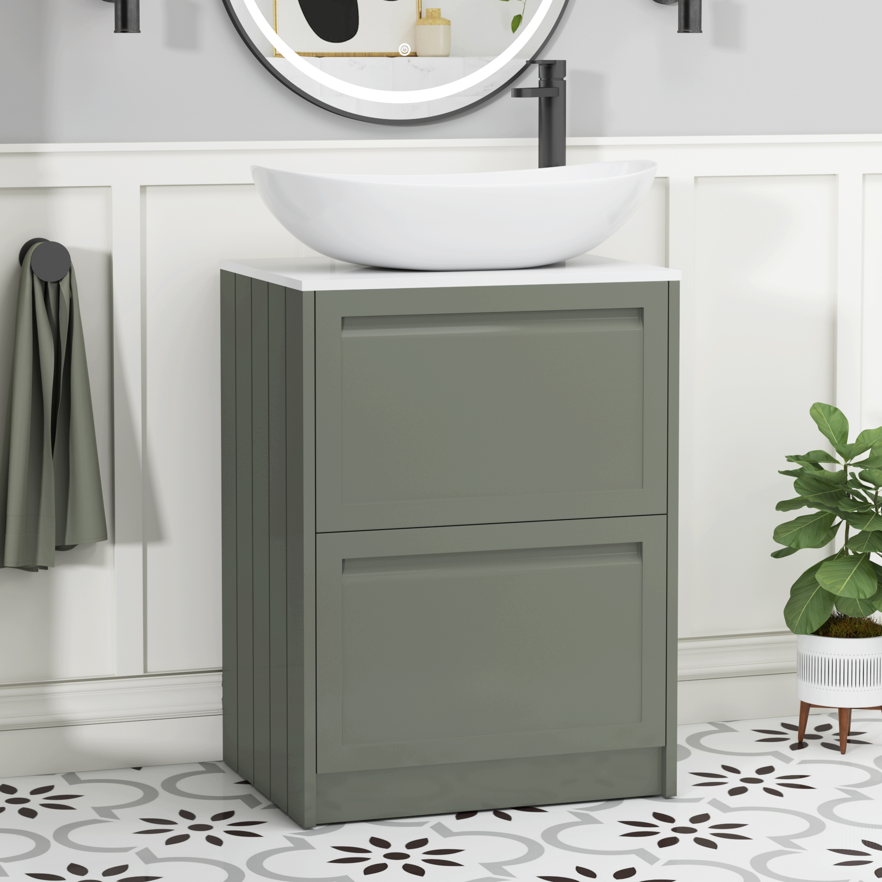 Elmore Matt Green 2 Drawer Floor Standing Vanity Unit with Plain White Worktop & Various Countertop Basins