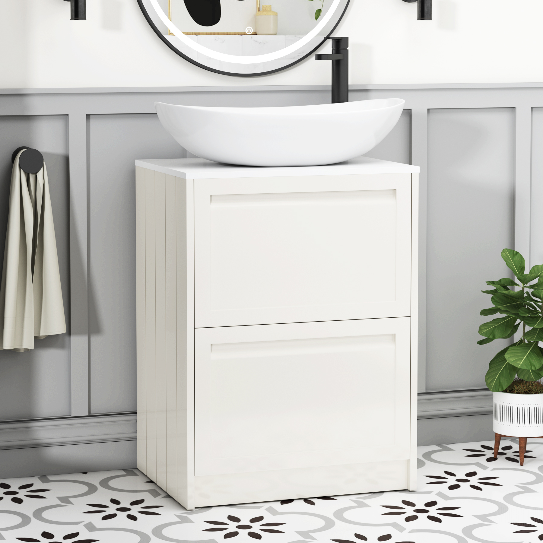 Elmore Classic White 2 Drawer Floor Standing Vanity Unit with Plain White Worktop & Various Countertop Basins