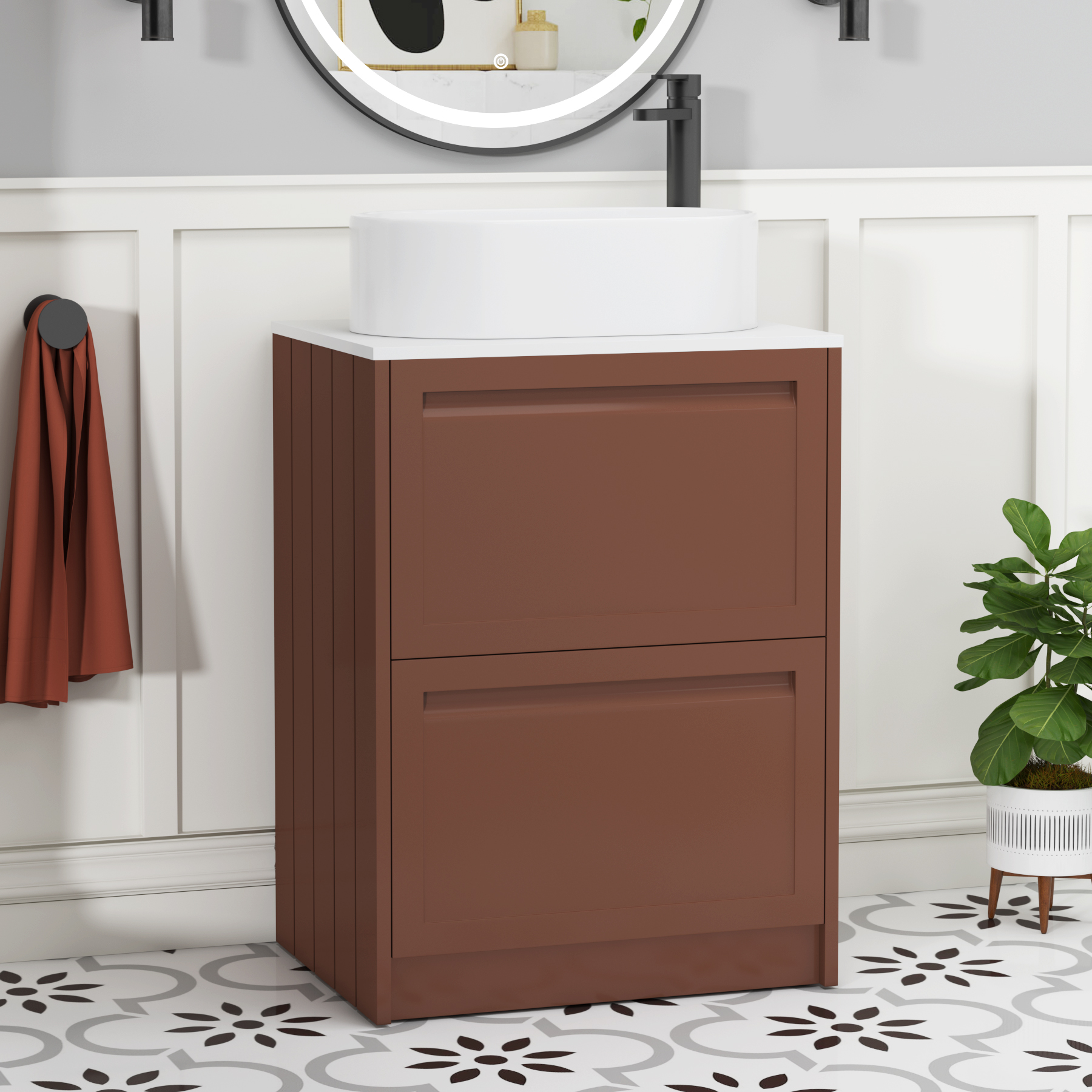 Elmore Terracotta Clay 2 Drawer Floor Standing Vanity Unit with Plain White Worktop & Various Countertop Basins
