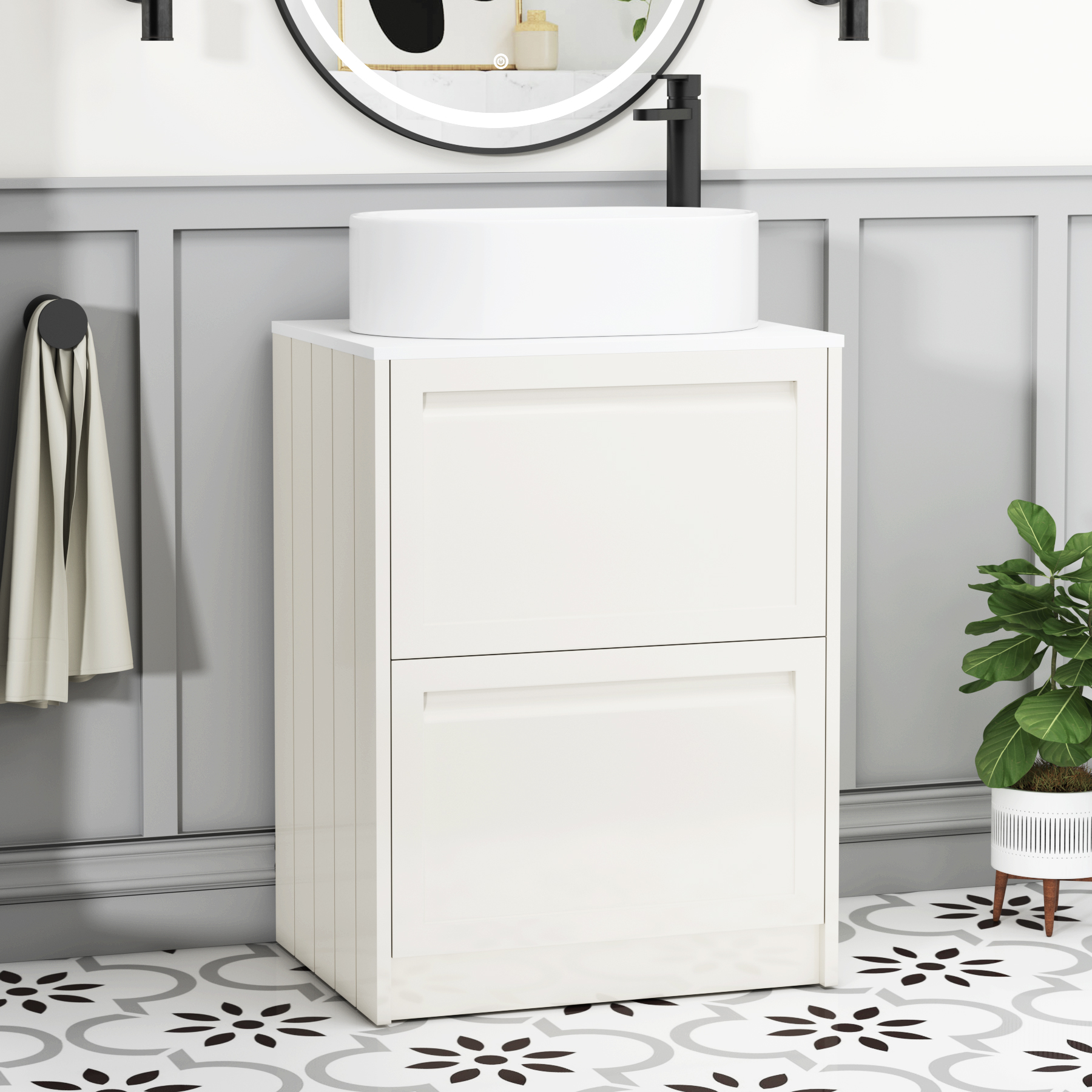 Elmore Classic White 2 Drawer Floor Standing Vanity Unit with Plain White Worktop & Various Countertop Basins