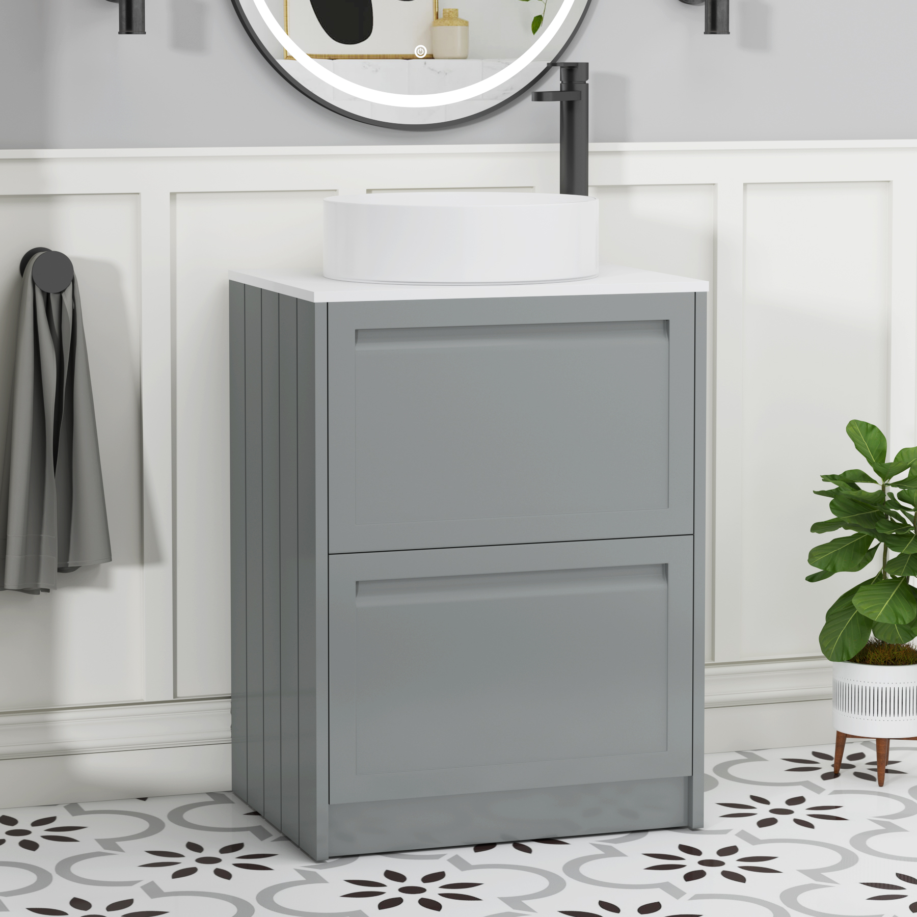 Elmore Matt Pebble Grey 2 Drawer Floor Standing Vanity Unit with Plain White Worktop & Various Countertop Basins