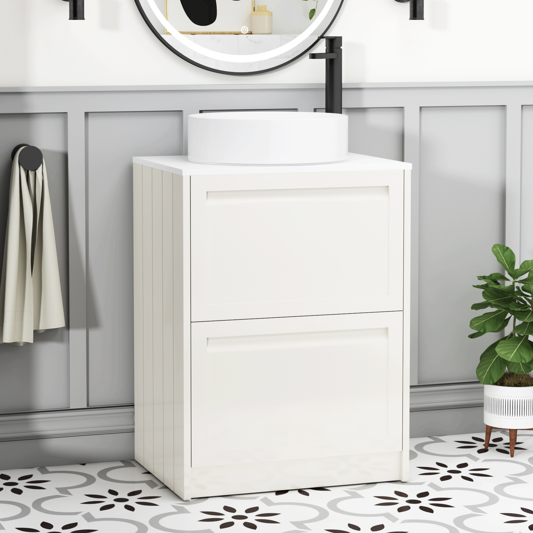 Elmore Classic White 2 Drawer Floor Standing Vanity Unit with Plain White Worktop & Various Countertop Basins