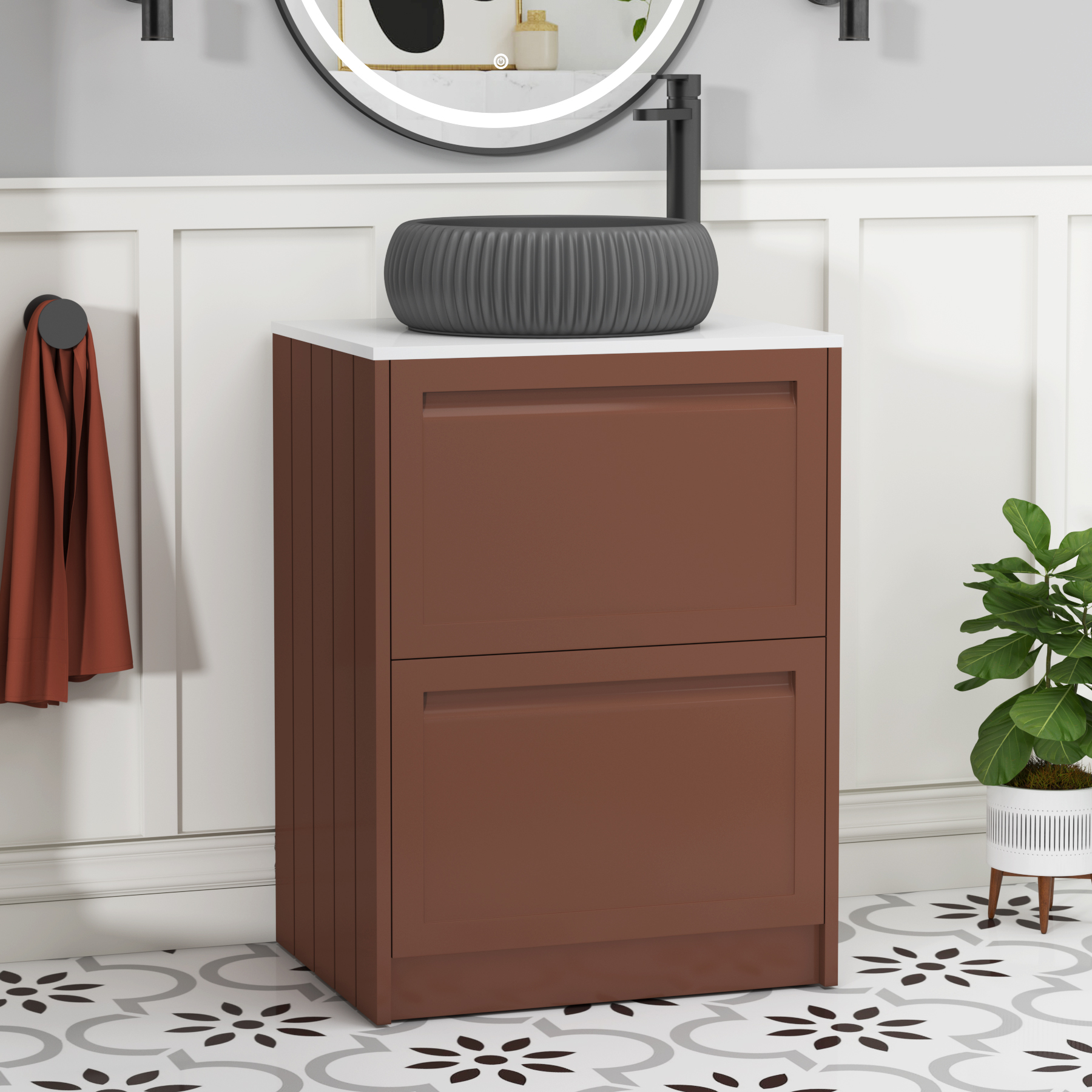 Elmore Terracotta Clay 2 Drawer Floor Standing Vanity Unit with Plain White Worktop & Various Countertop Basins