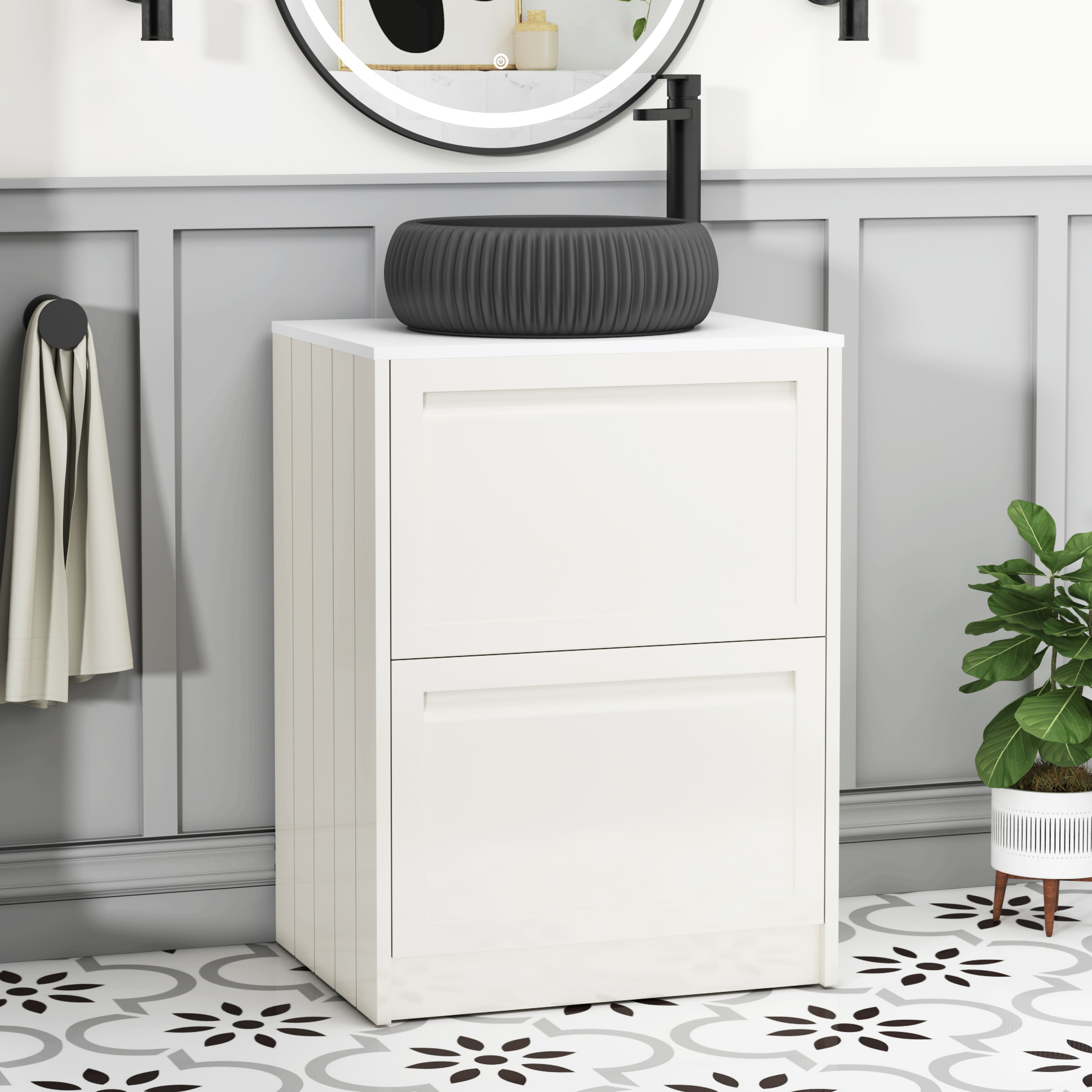 Elmore Classic White 2 Drawer Floor Standing Vanity Unit with Plain White Worktop & Various Countertop Basins
