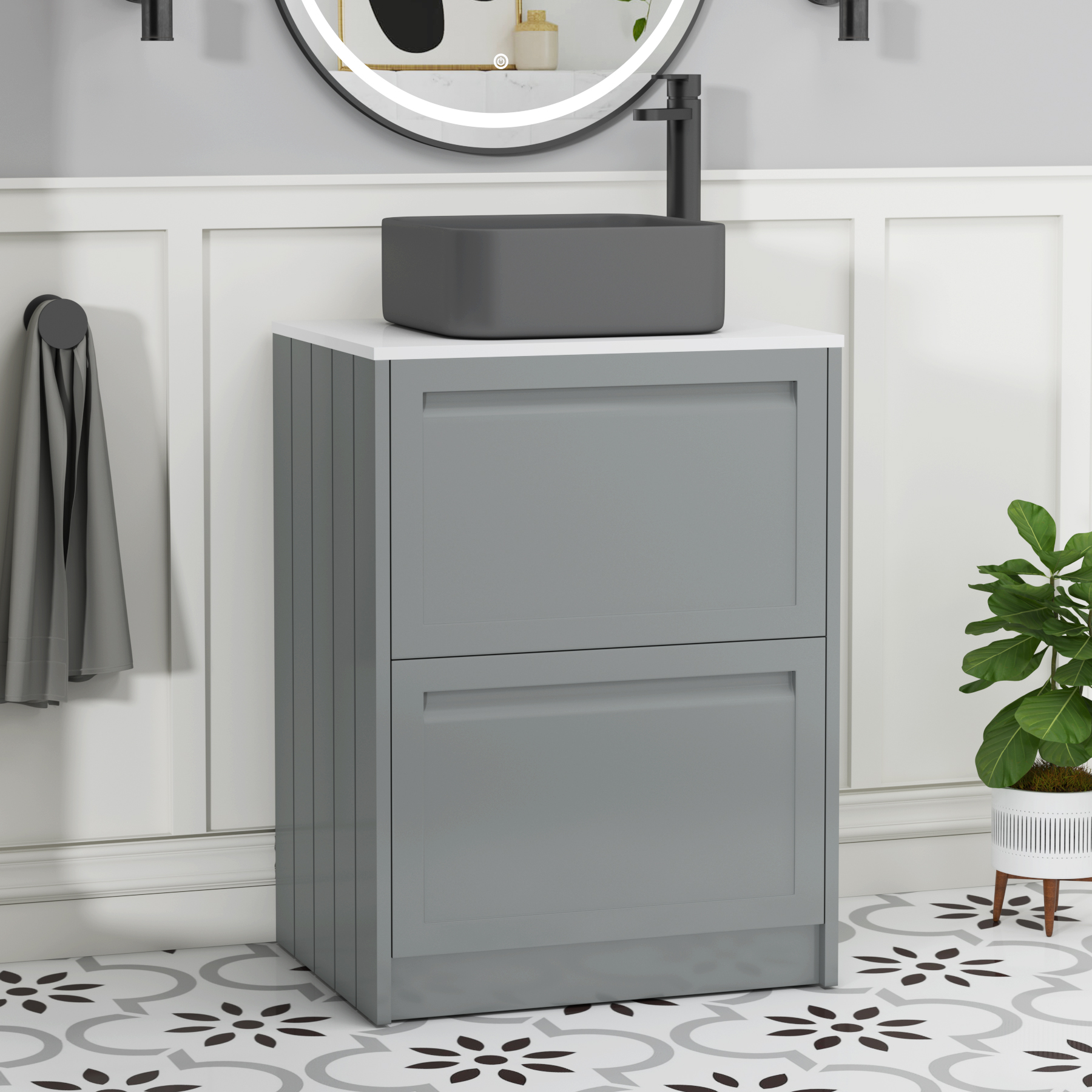 Elmore Matt Pebble Grey 2 Drawer Floor Standing Vanity Unit with Plain White Worktop & Various Countertop Basins