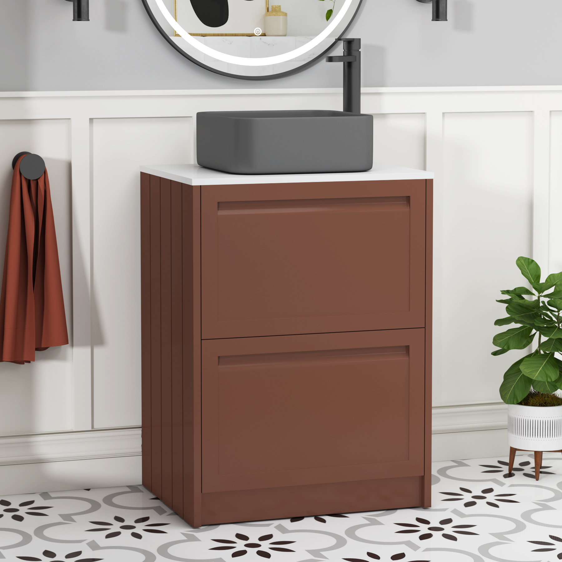 Elmore Terracotta Clay 2 Drawer Floor Standing Vanity Unit with Plain White Worktop & Various Countertop Basins