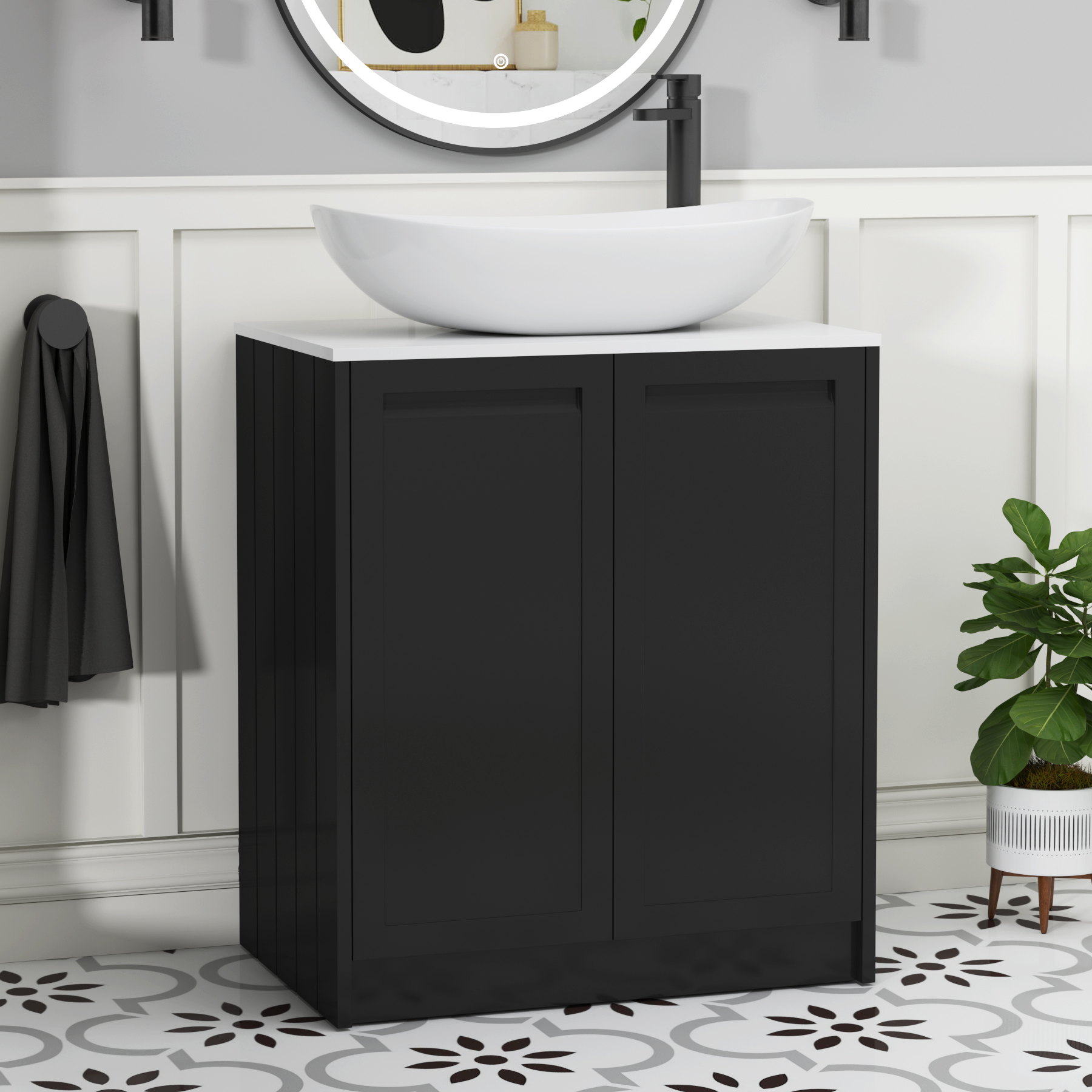 Elmore Matt Nocturne Black 2 Door Floor Standing Vanity Unit with Plain White Worktop & Various Countertop Basins