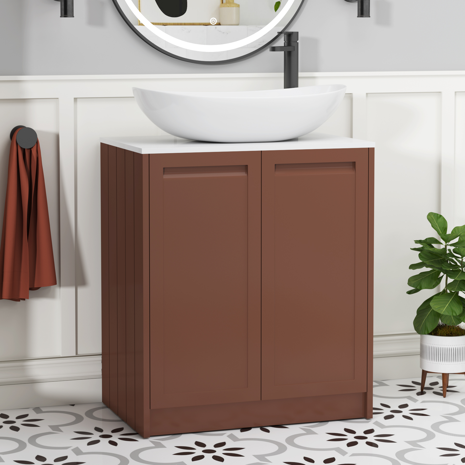Elmore Terracotta Clay 2 Door Floor Standing Vanity Unit with Plain White Worktop & Various Countertop Basins