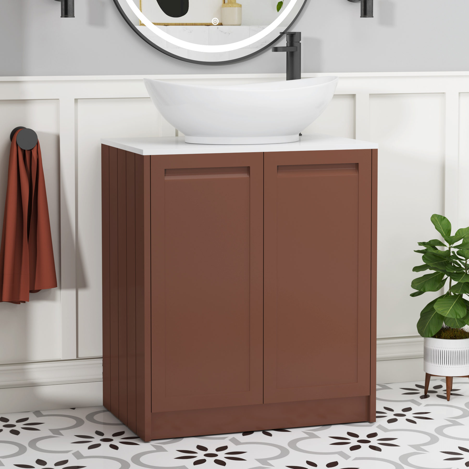 Elmore Terracotta Clay 2 Door Floor Standing Vanity Unit with Plain White Worktop & Various Countertop Basins
