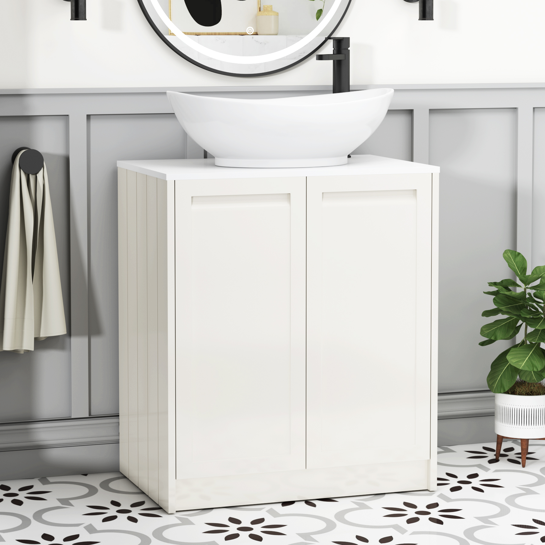 Elmore Classic White 2 Door Floor Standing Vanity Unit with Plain White Worktop & Various Countertop Basins