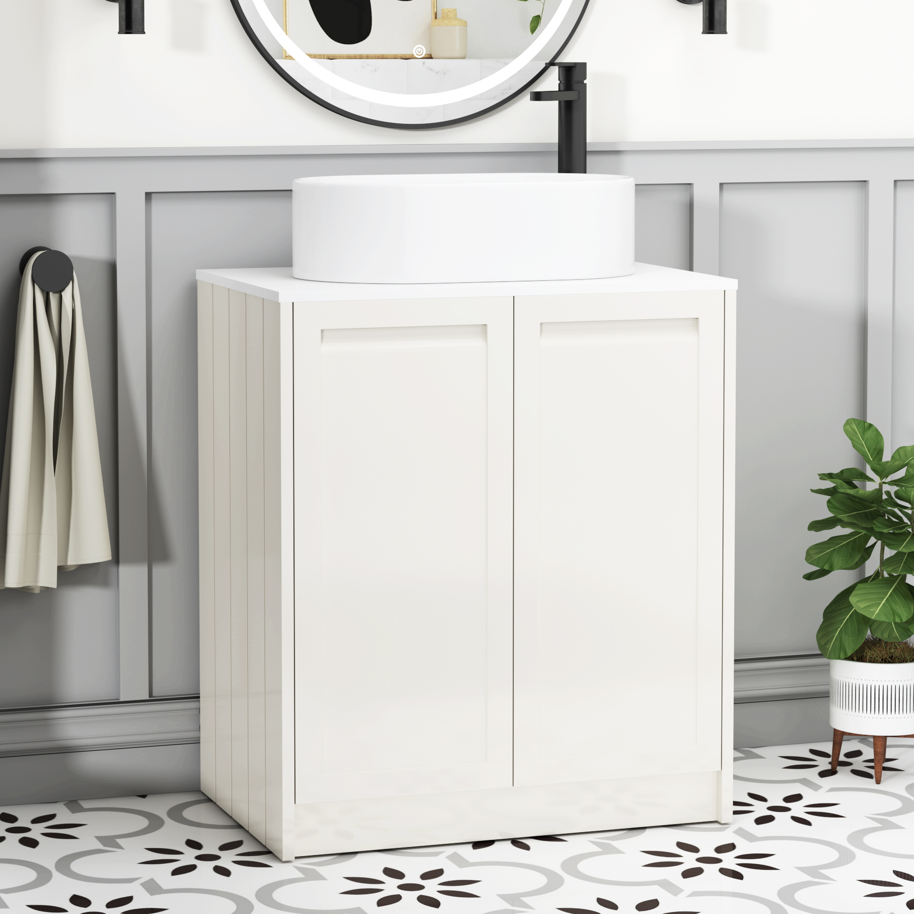 Elmore Classic White 2 Door Floor Standing Vanity Unit with Plain White Worktop & Various Countertop Basins