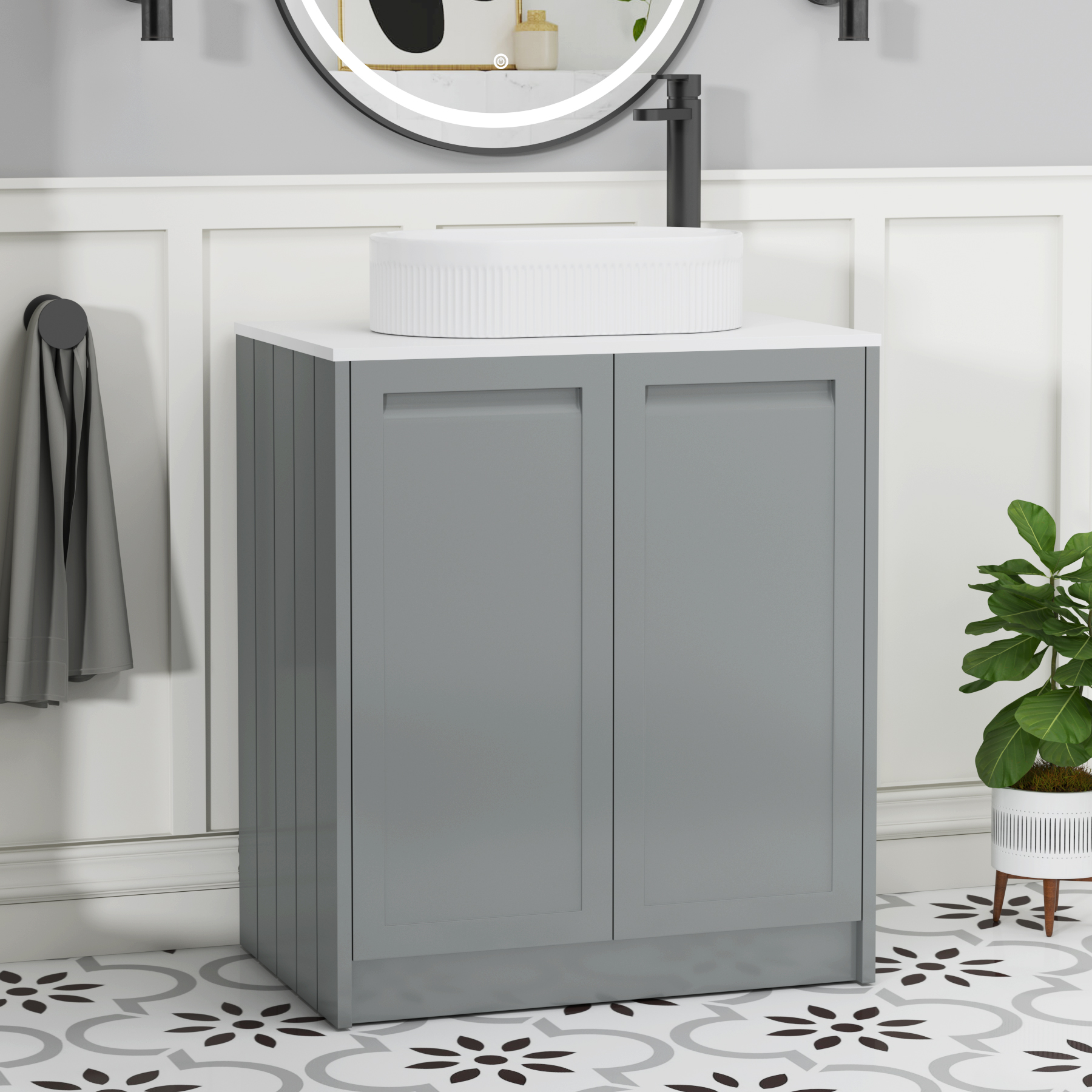 Elmore Matt Pebble Grey 2 Door Floor Standing Vanity Unit with Plain White Worktop & Various Countertop Basins