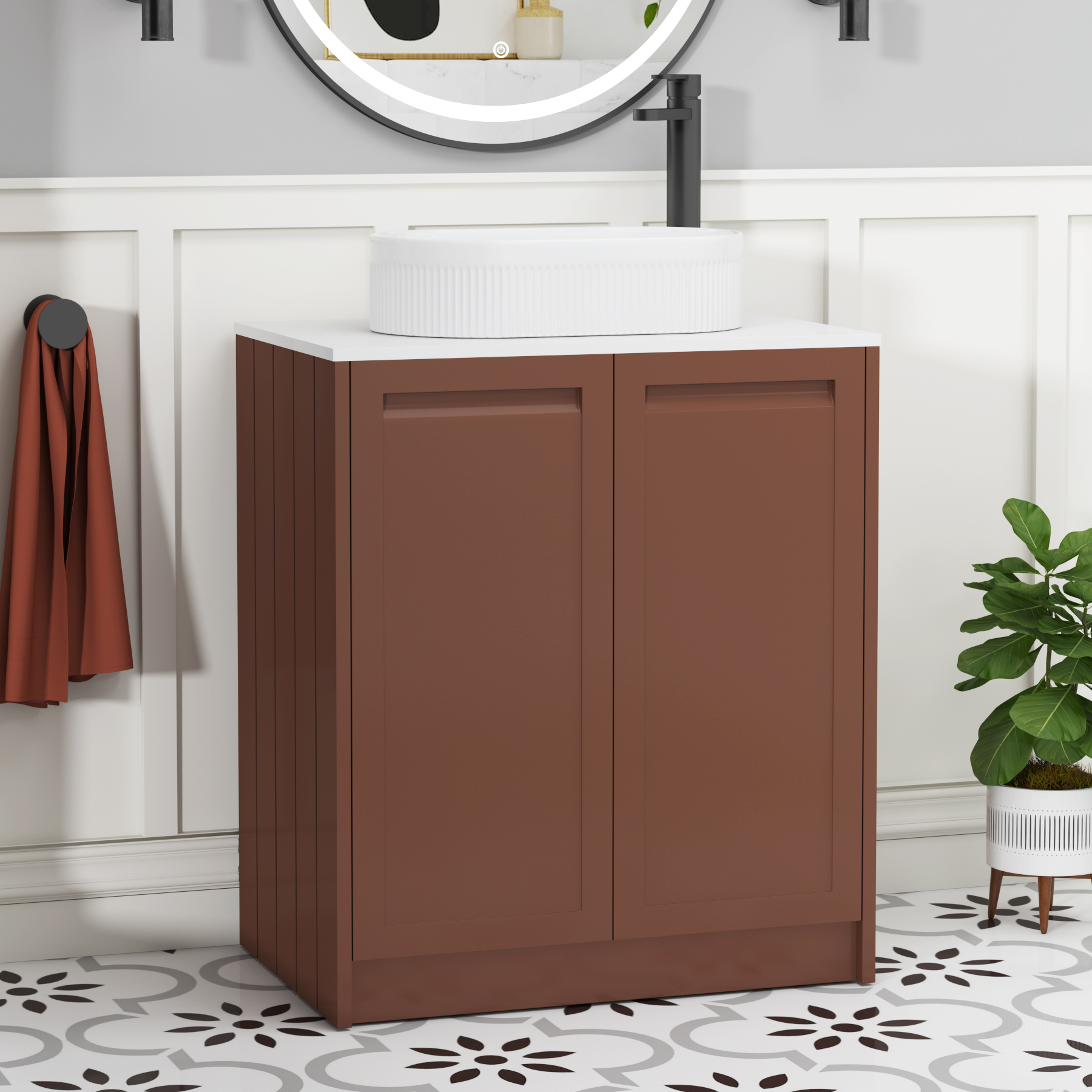 Elmore Terracotta Clay 2 Door Floor Standing Vanity Unit with Plain White Worktop & Various Countertop Basins