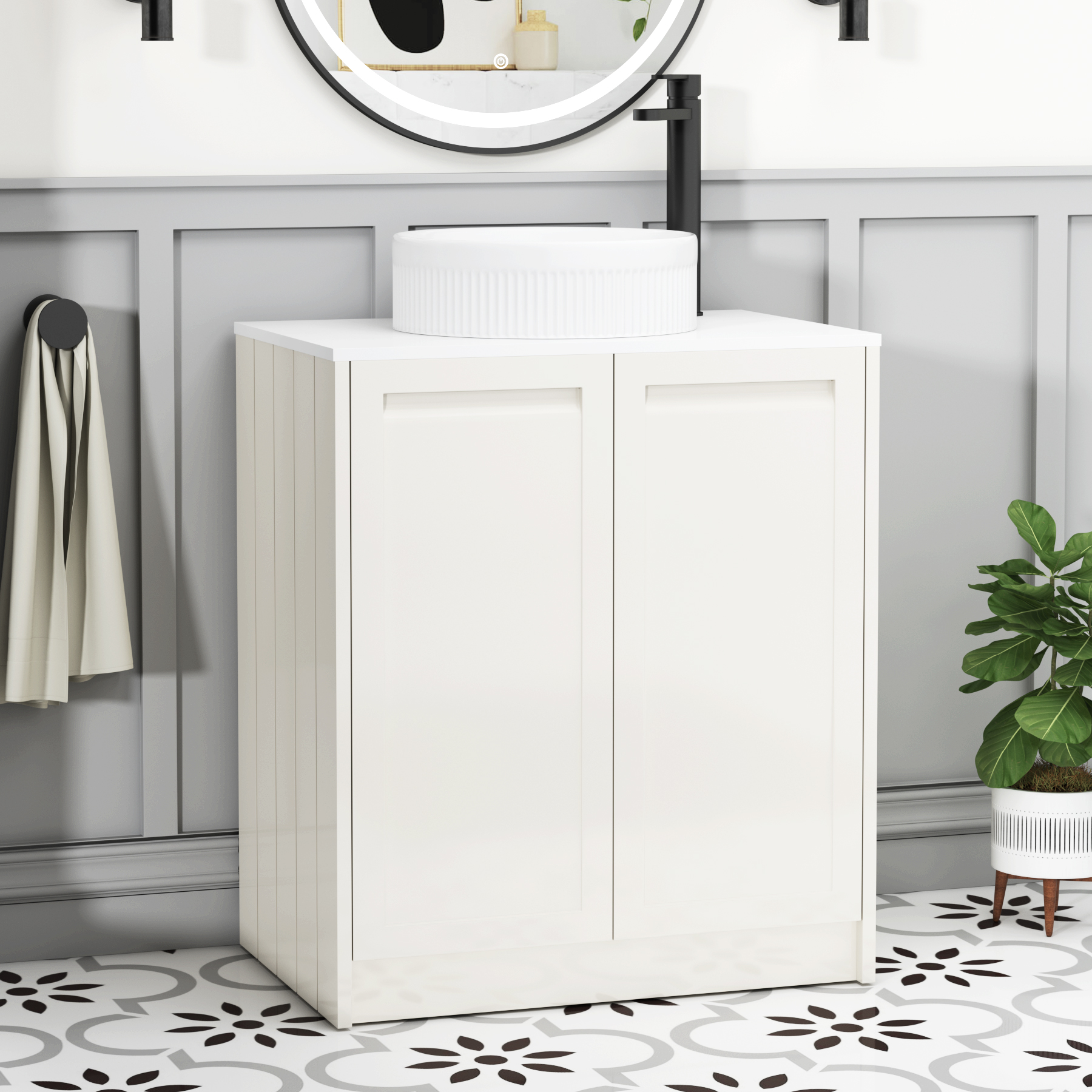 Elmore Classic White 2 Door Floor Standing Vanity Unit with Plain White Worktop & Various Countertop Basins
