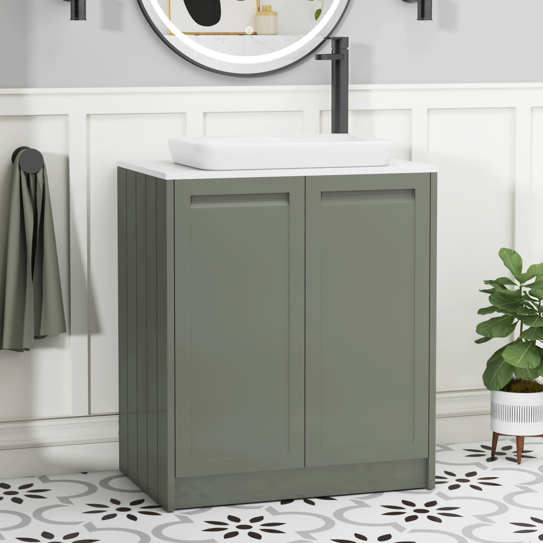 Elmore Matt Green 2 Door Floor Standing Vanity Unit with Plain White Worktop & Various Countertop Basins
