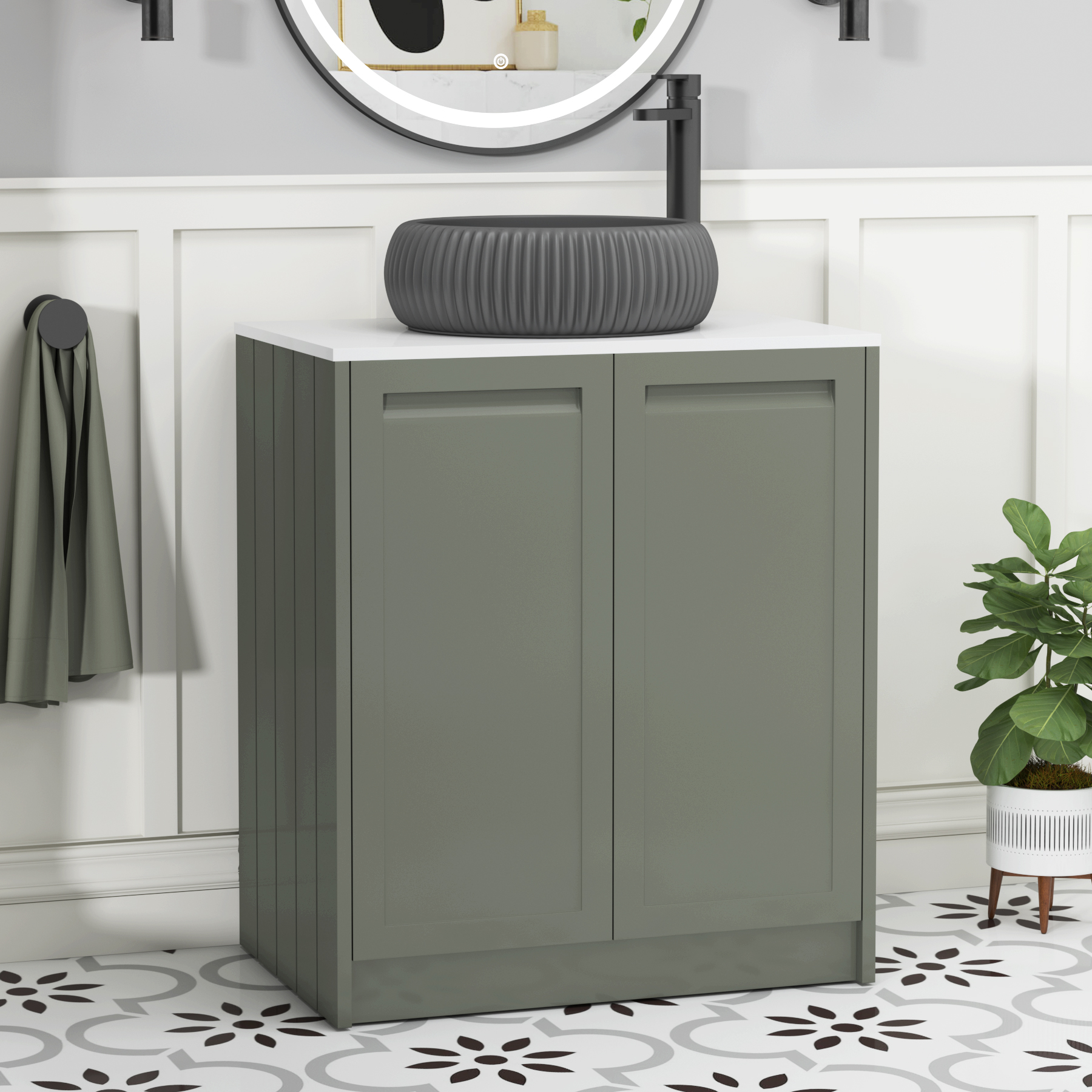 Elmore Matt Green 2 Door Floor Standing Vanity Unit with Plain White Worktop & Various Countertop Basins
