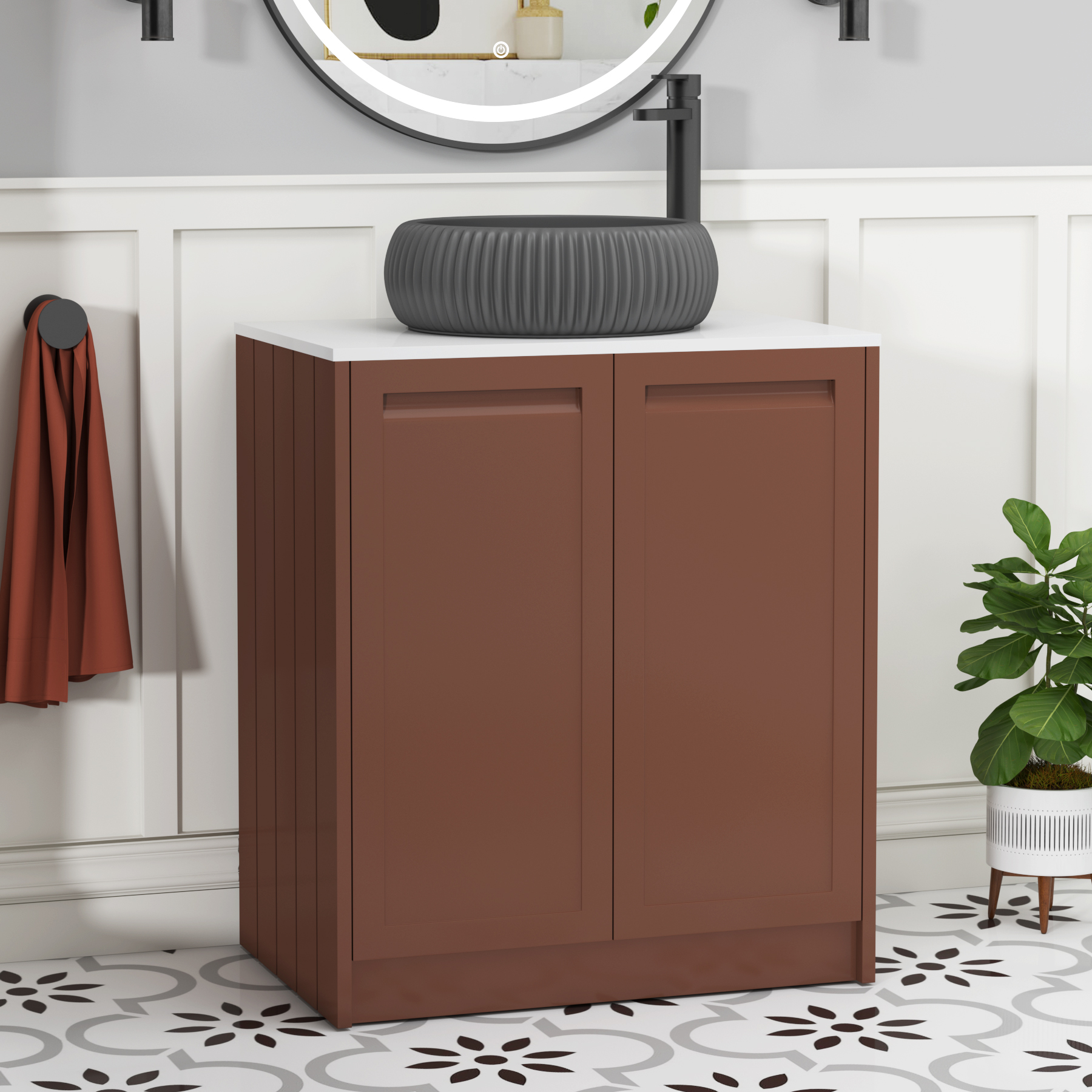 Elmore Terracotta Clay 2 Door Floor Standing Vanity Unit with Plain White Worktop & Various Countertop Basins