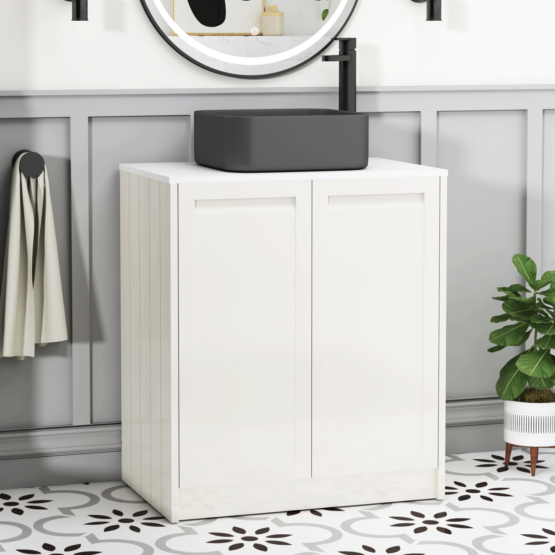 Elmore Classic White 2 Door Floor Standing Vanity Unit with Plain White Worktop & Various Countertop Basins