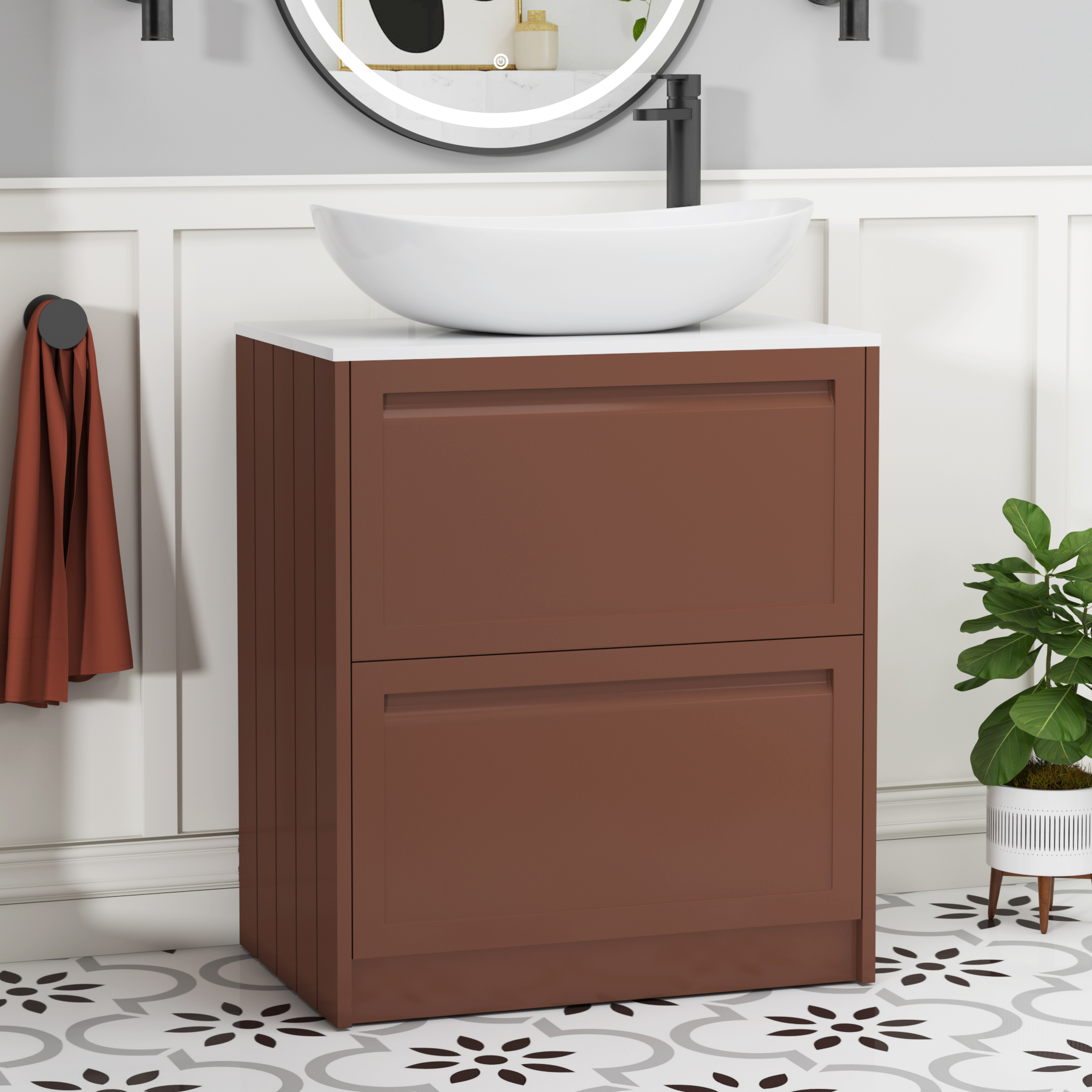 Elmore Terracotta Clay 2 Drawer Floor Standing Vanity Unit with Plain White Worktop & Various Countertop Basins