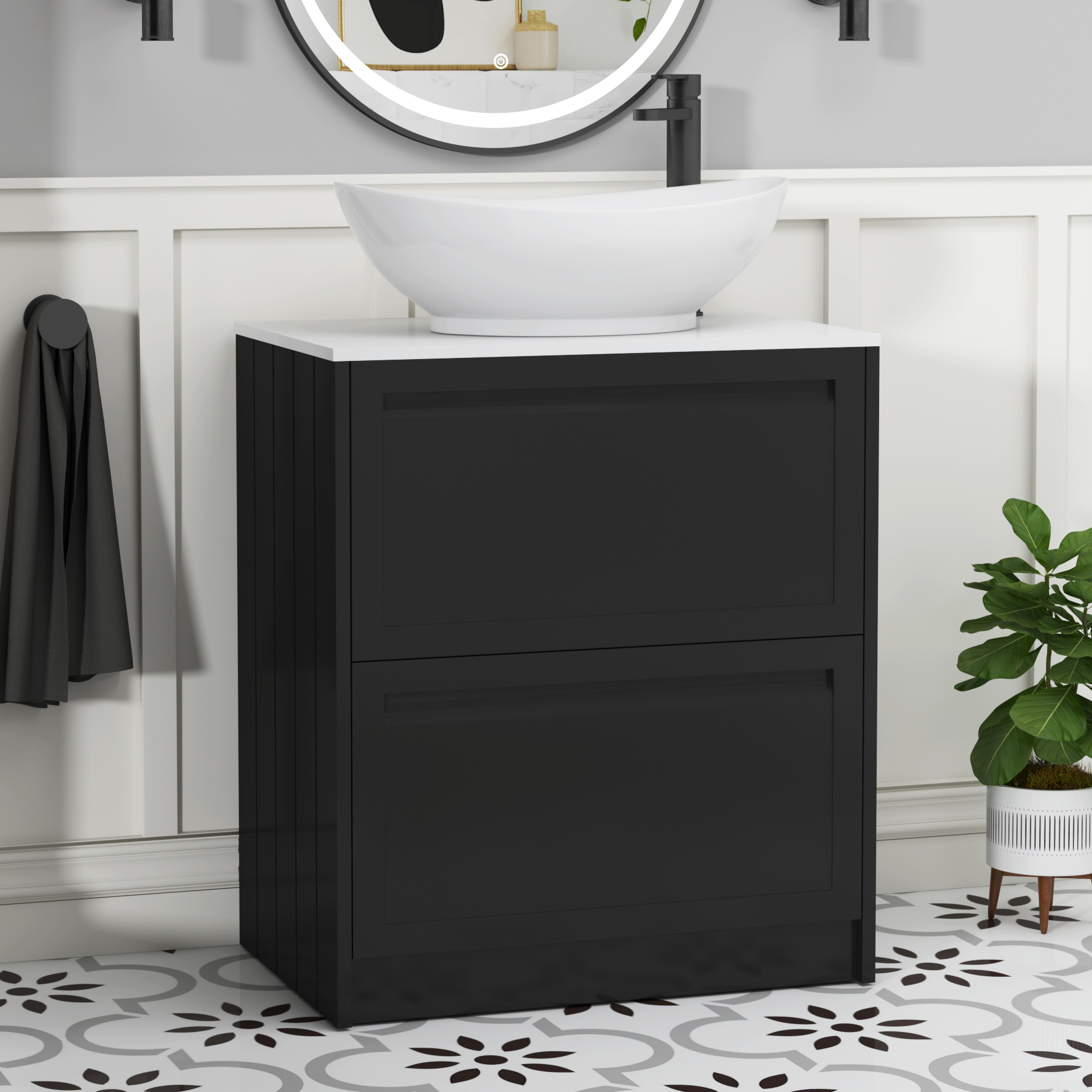 Elmore Matt Nocturne Black 2 Drawer Floor Standing Vanity Unit with Plain White Worktop & Various Countertop Basins