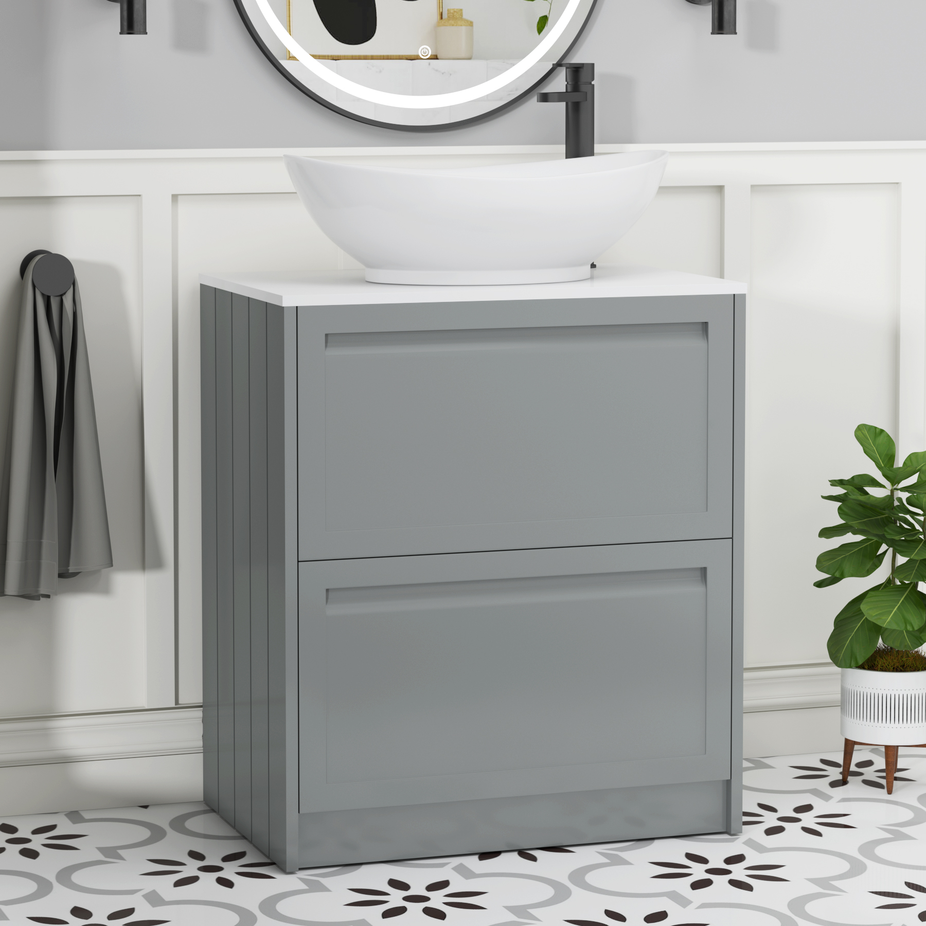 Elmore Matt Pebble Grey 2 Drawer Floor Standing Vanity Unit with Plain White Worktop & Various Countertop Basins