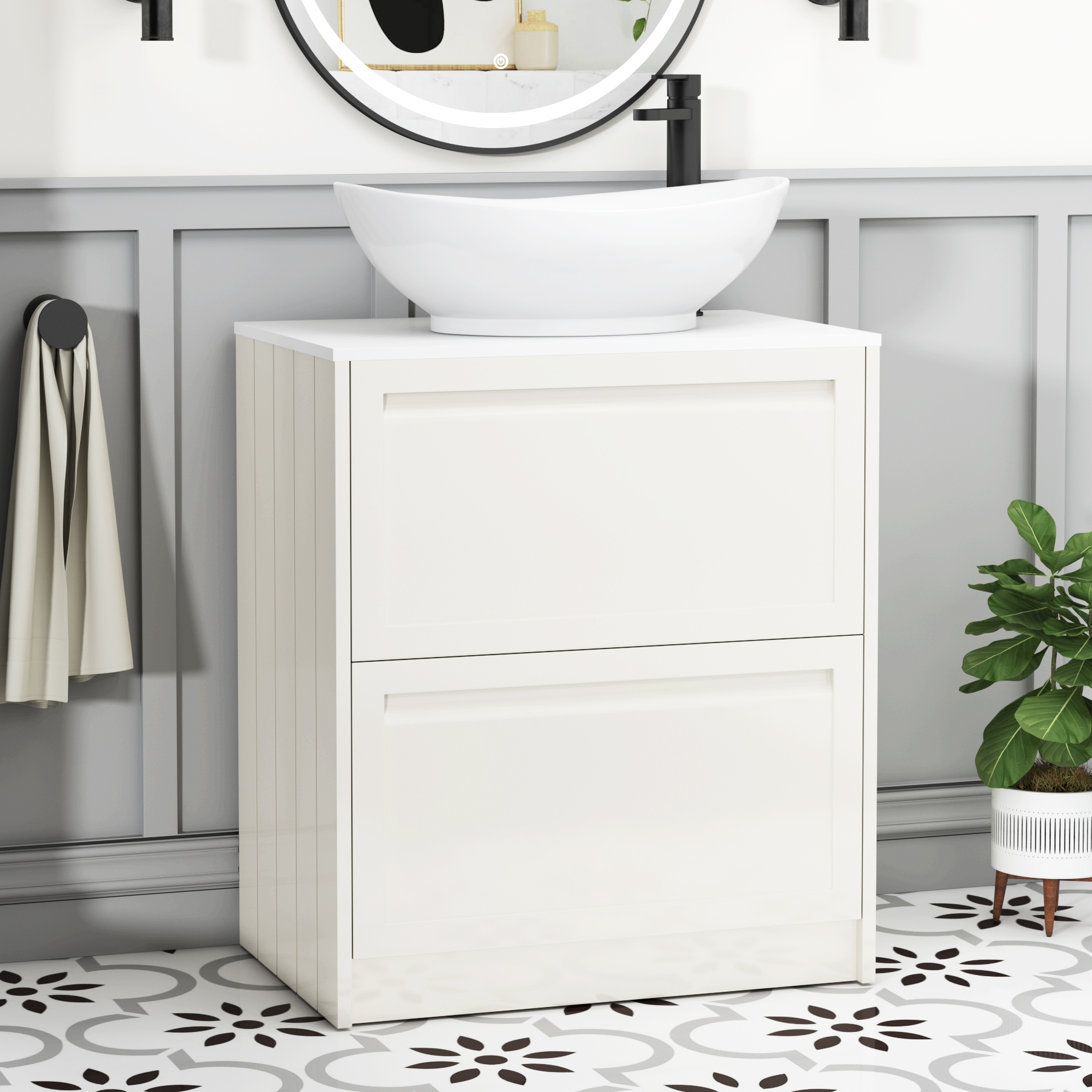 Elmore Classic White 2 Drawer Floor Standing Vanity Unit with Plain White Worktop & Various Countertop Basins