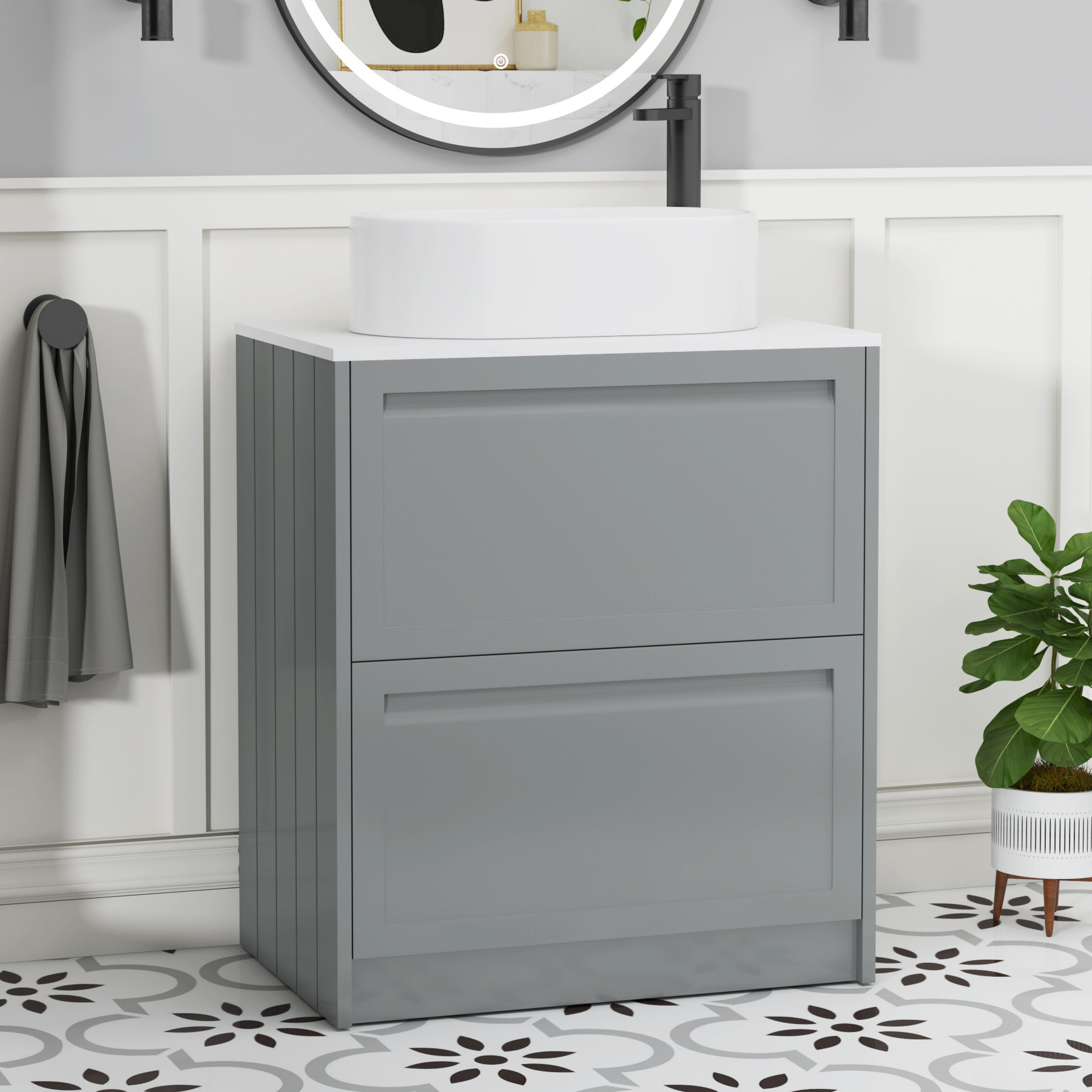 Elmore Matt Pebble Grey 2 Drawer Floor Standing Vanity Unit with Plain White Worktop & Various Countertop Basins