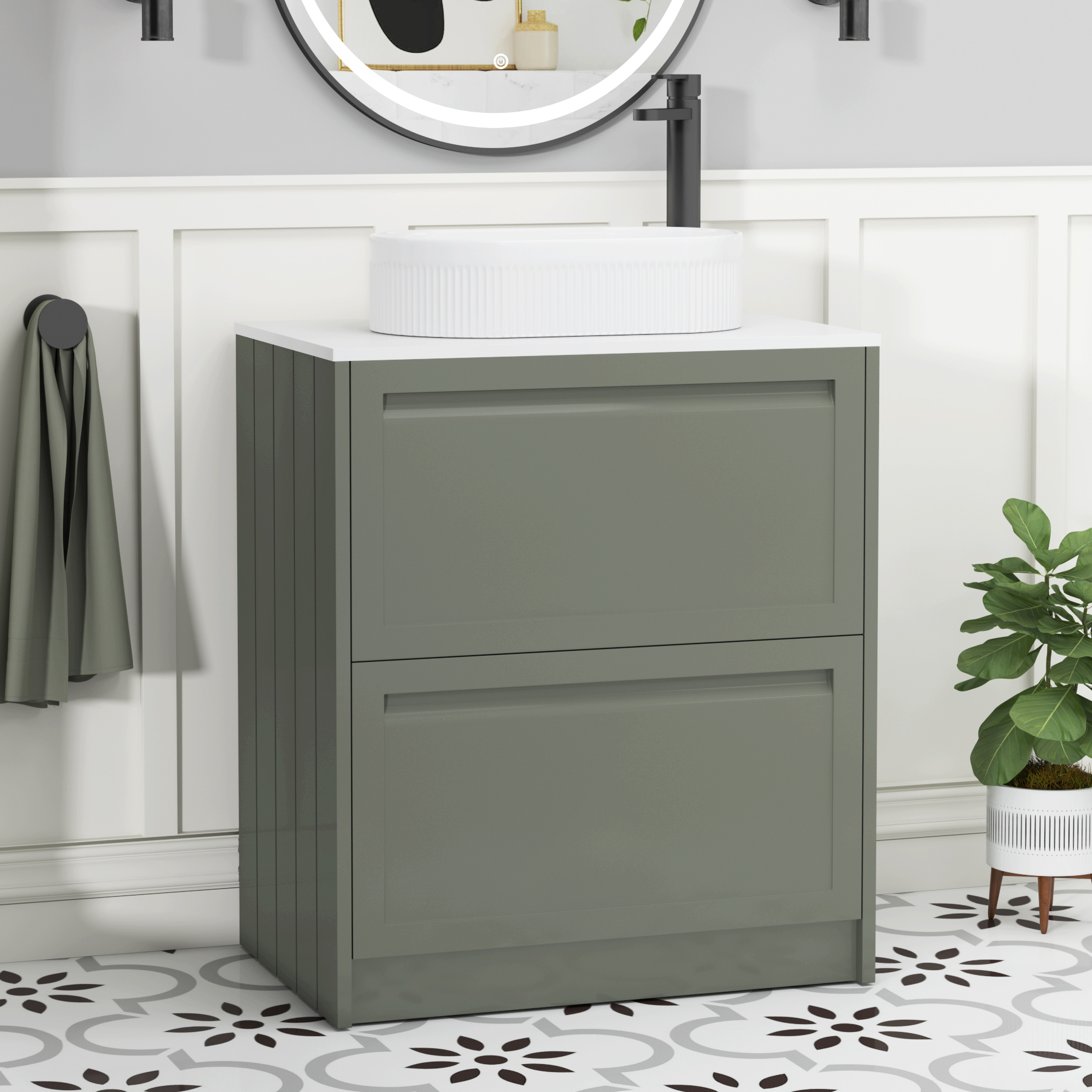 Elmore Matt Green 2 Drawer Floor Standing Vanity Unit with Plain White Worktop & Various Countertop Basins
