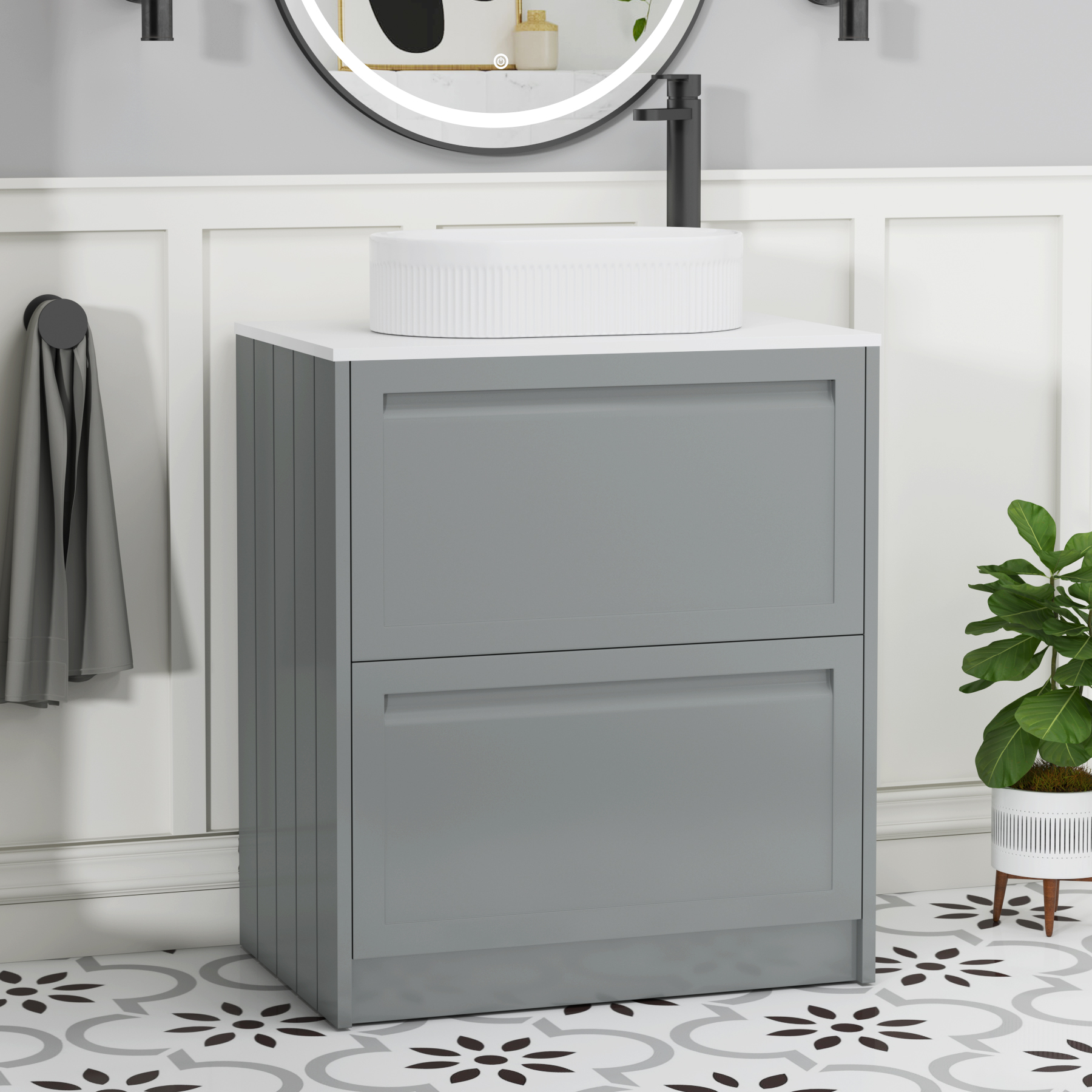 Elmore Matt Pebble Grey 2 Drawer Floor Standing Vanity Unit with Plain White Worktop & Various Countertop Basins
