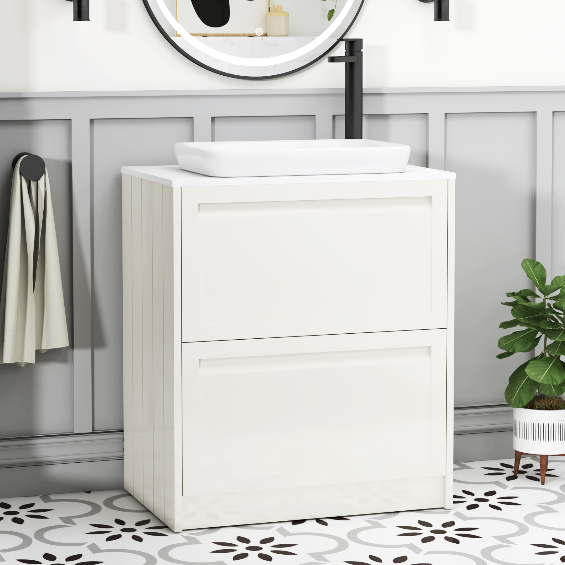 Elmore Classic White 2 Drawer Floor Standing Vanity Unit with Plain White Worktop & Various Countertop Basins