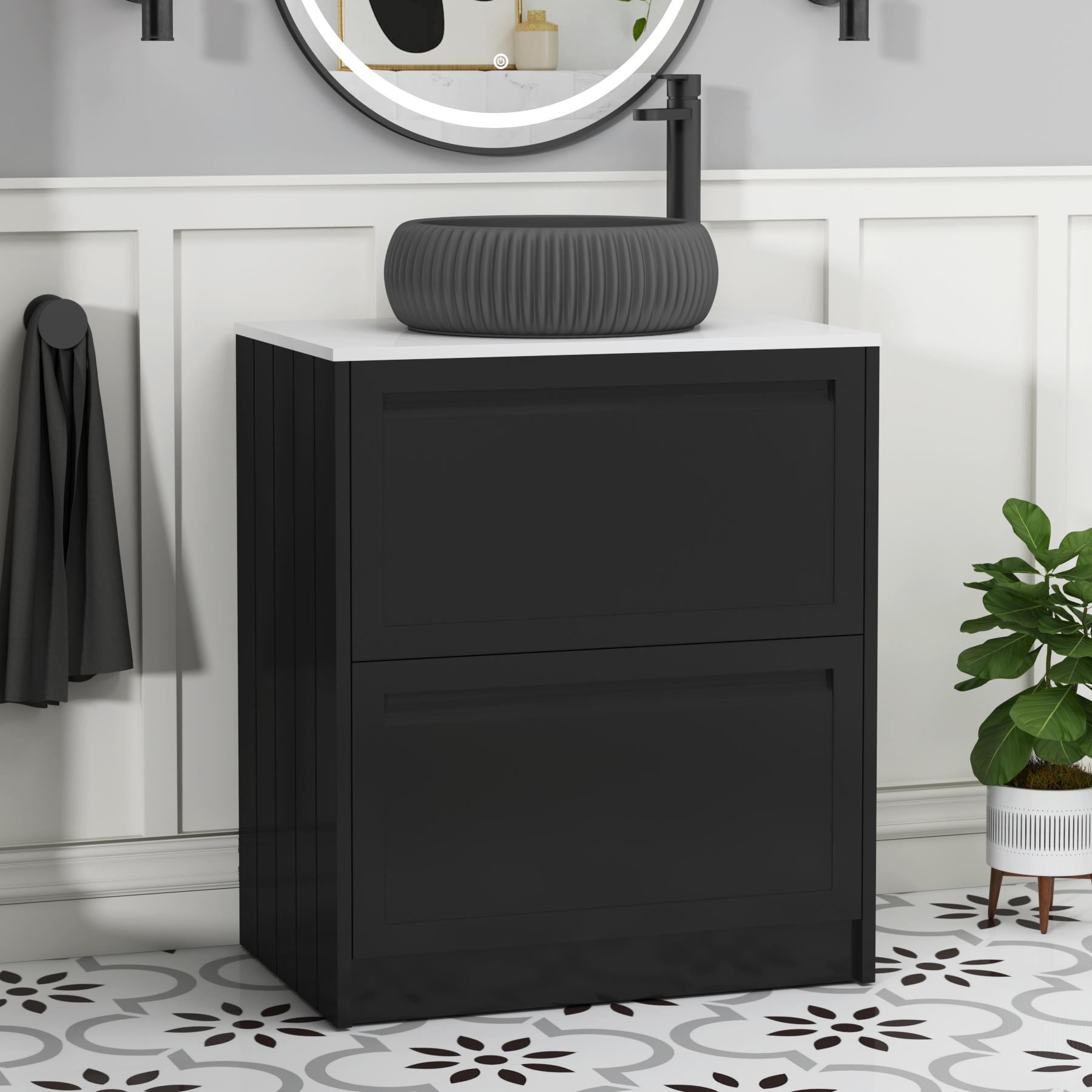 Elmore Matt Nocturne Black 2 Drawer Floor Standing Vanity Unit with Plain White Worktop & Various Countertop Basins