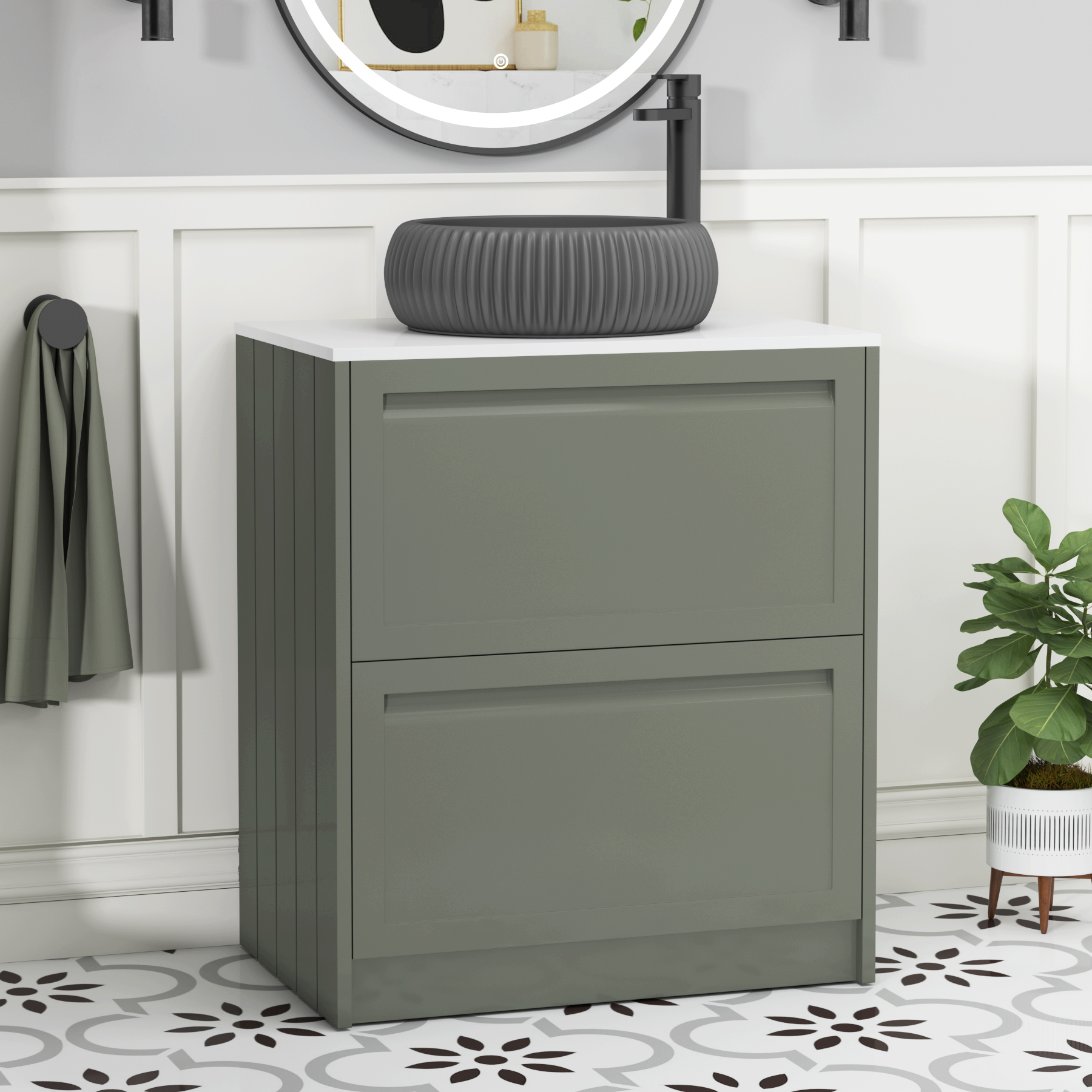 Elmore Matt Green 2 Drawer Floor Standing Vanity Unit with Plain White Worktop & Various Countertop Basins