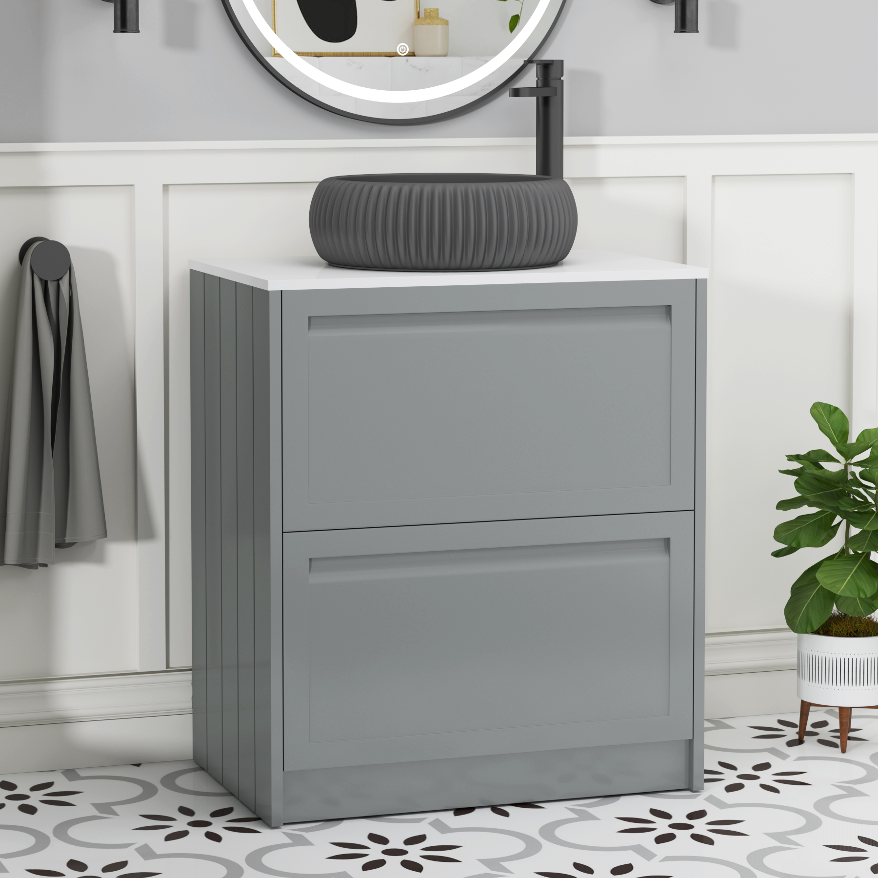 Elmore Matt Pebble Grey 2 Drawer Floor Standing Vanity Unit with Plain White Worktop & Various Countertop Basins