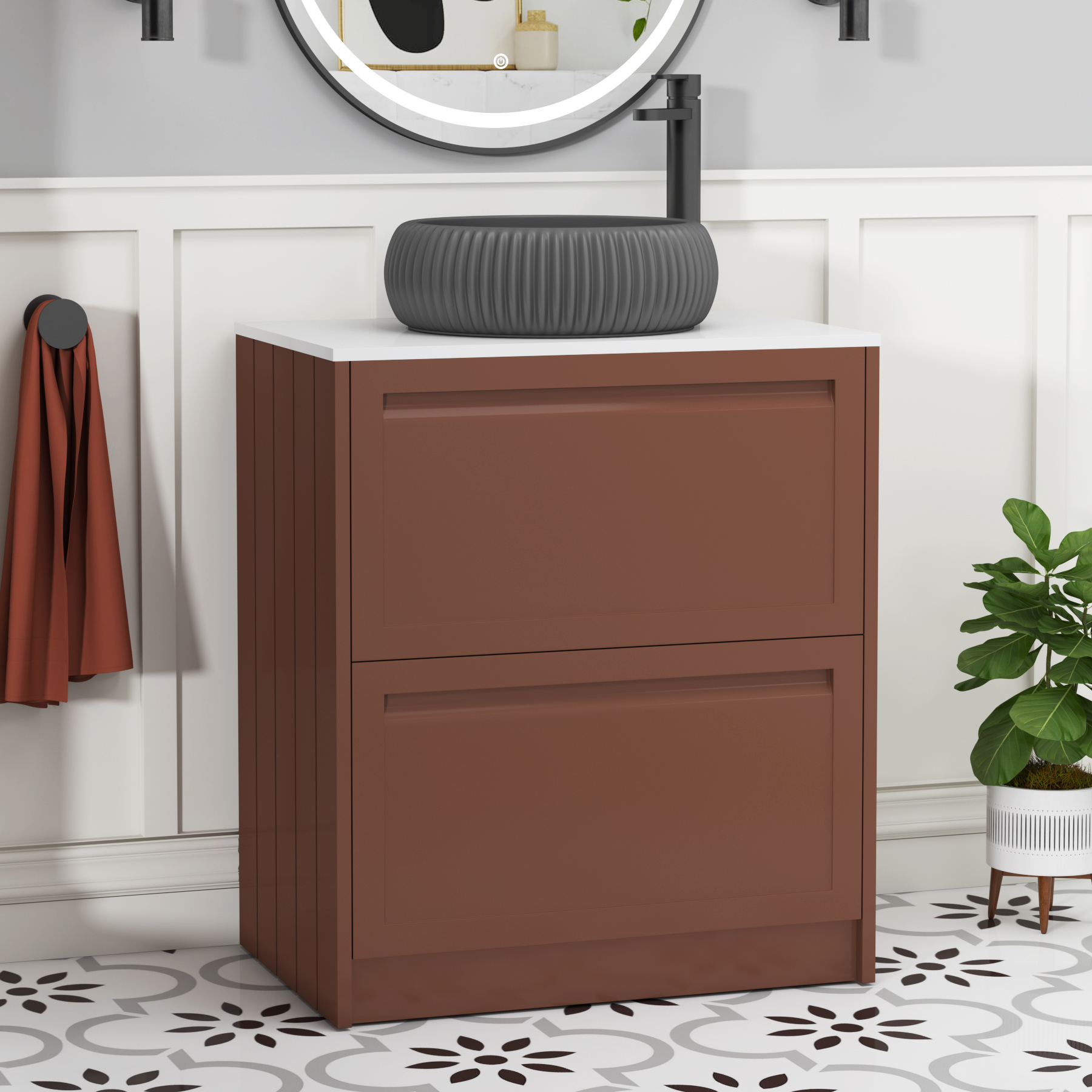 Elmore Terracotta Clay 2 Drawer Floor Standing Vanity Unit with Plain White Worktop & Various Countertop Basins