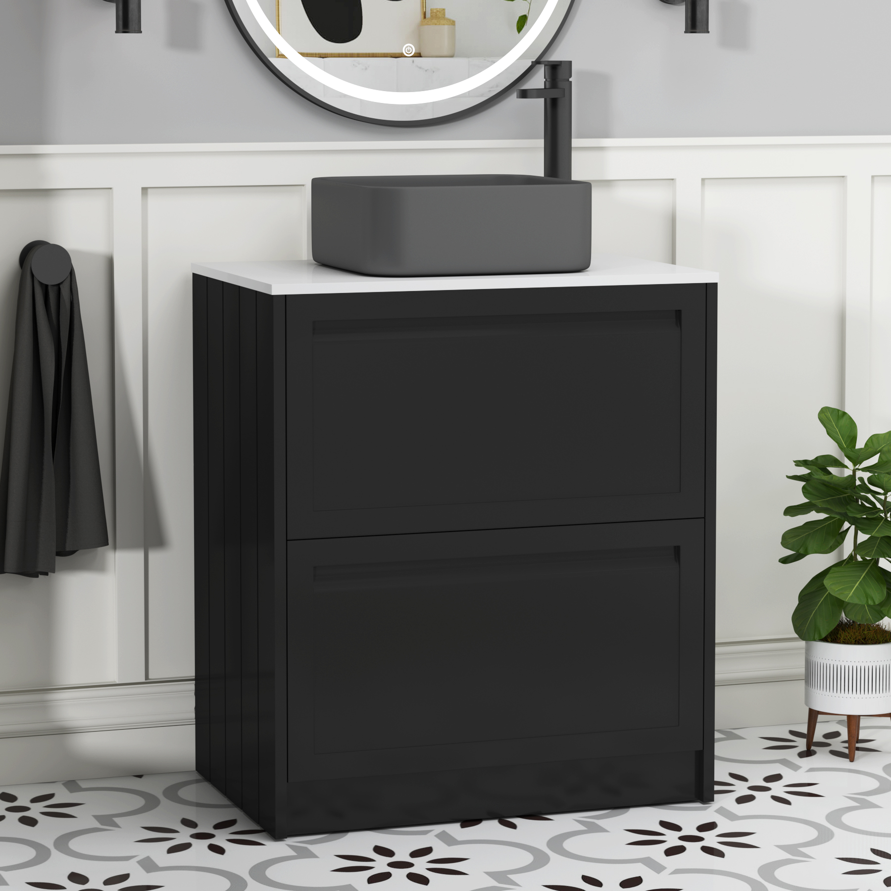 Elmore Matt Nocturne Black 2 Drawer Floor Standing Vanity Unit with Plain White Worktop & Various Countertop Basins